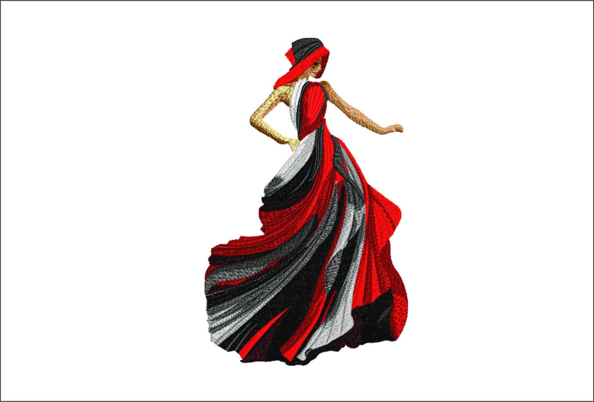 Elegant Lady in Red and Black- Elegant embroidery design file - instant download