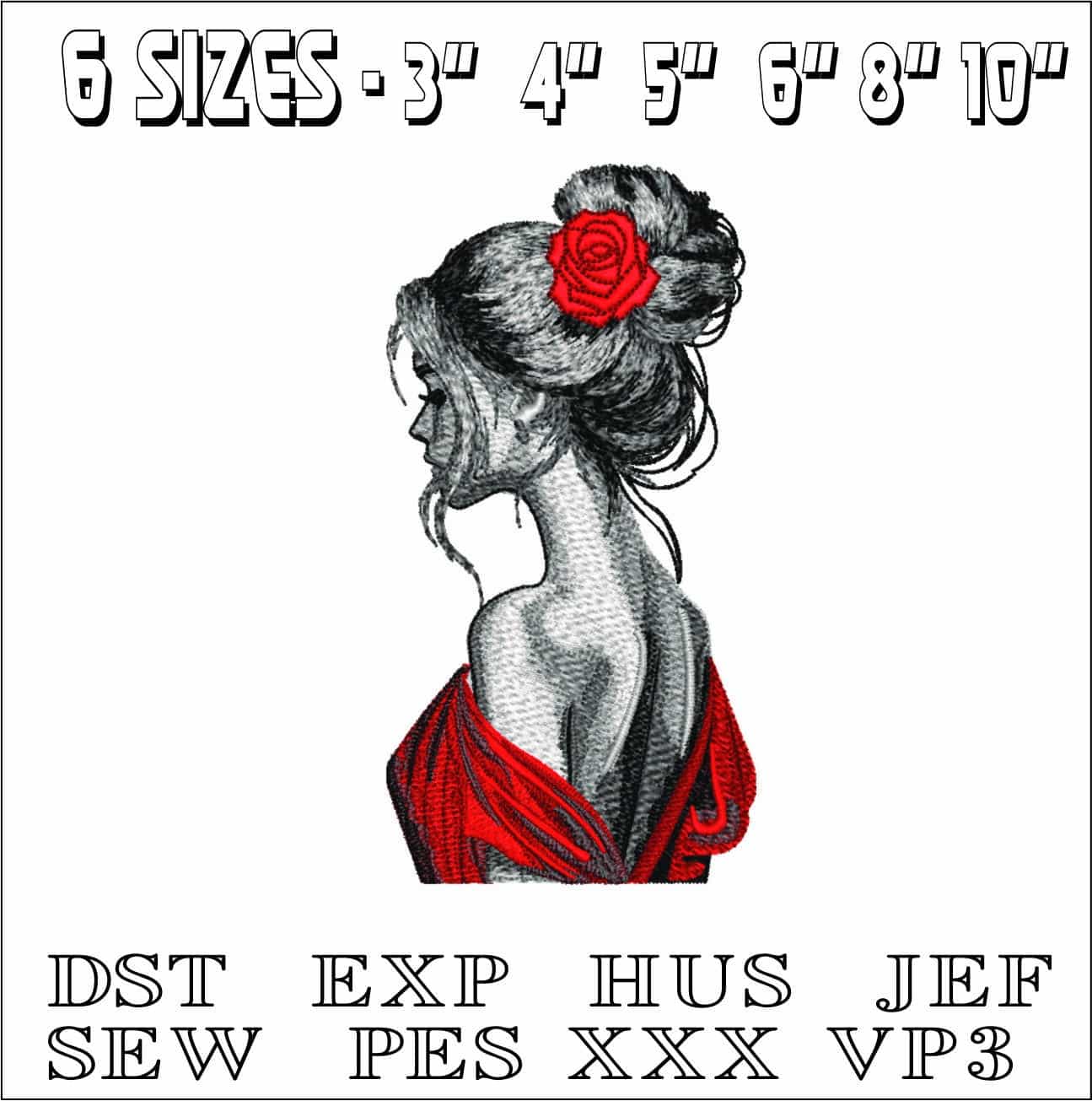 Elegant Lady with rose in hair- Elegant embroidery design file - instant download — view 2