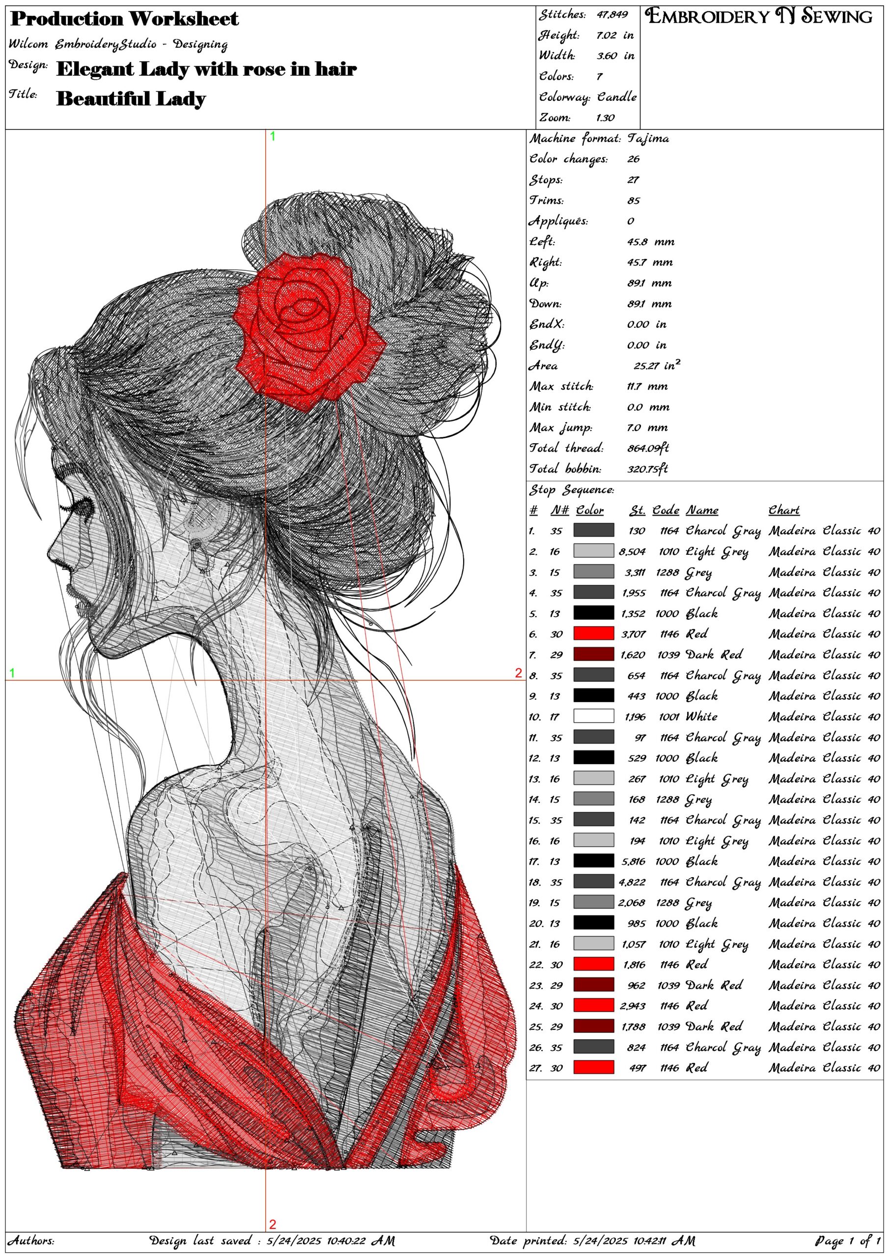Elegant Lady with rose in hair- Elegant embroidery design file - instant download — view 3
