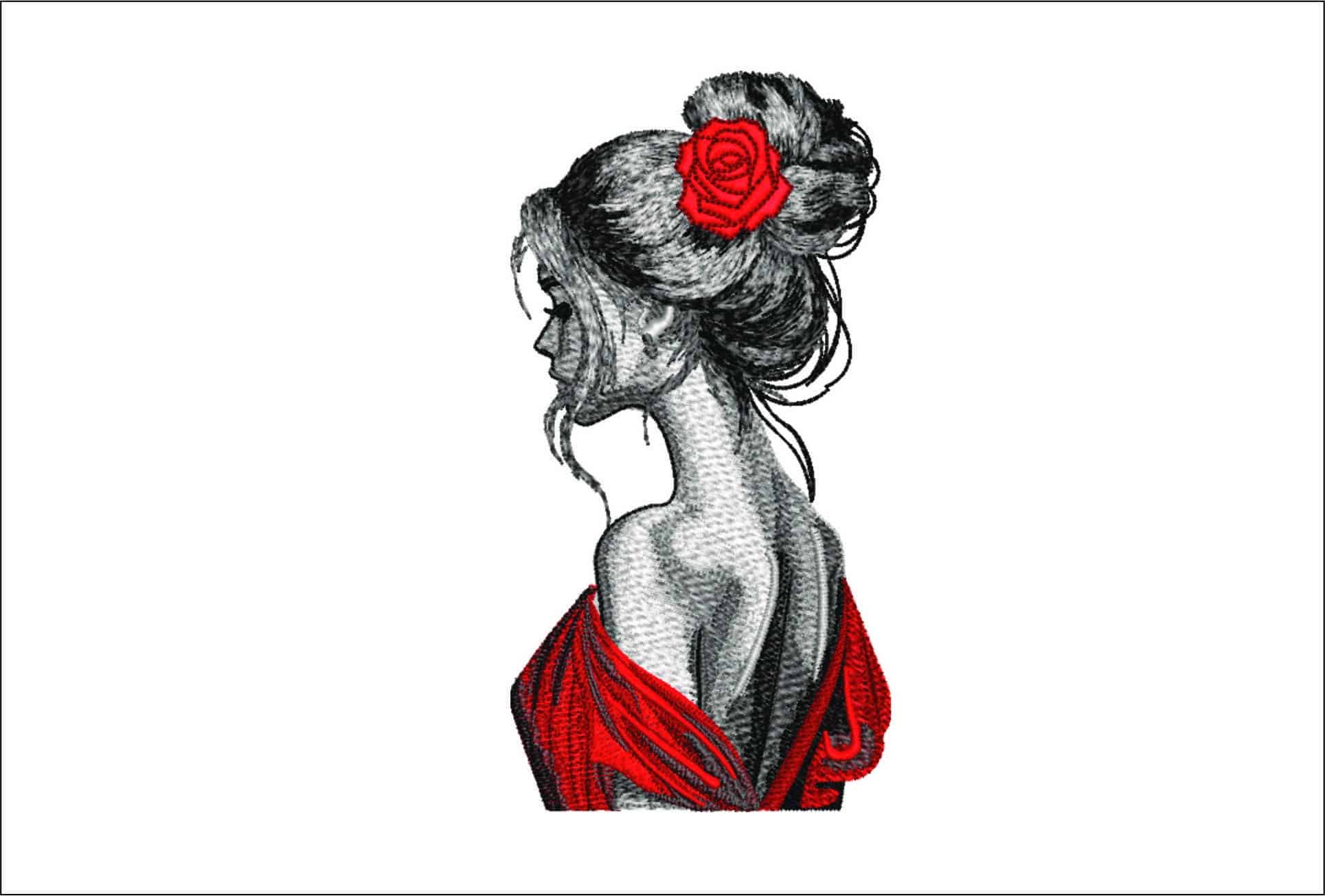 Elegant Lady with rose in hair- Elegant embroidery design file - instant download