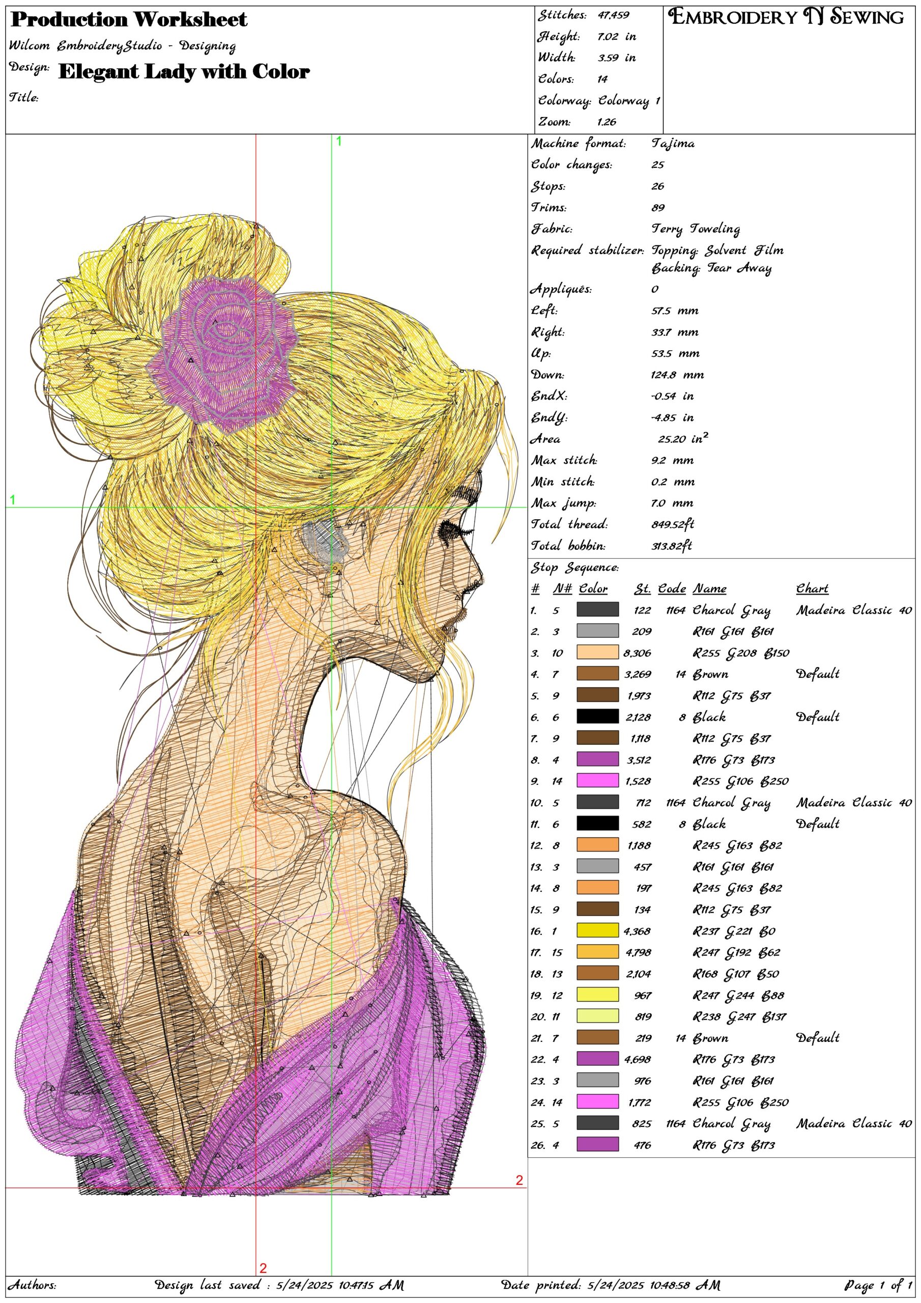Elegant Lady with Color- Elegant embroidery design file - instant download — view 3
