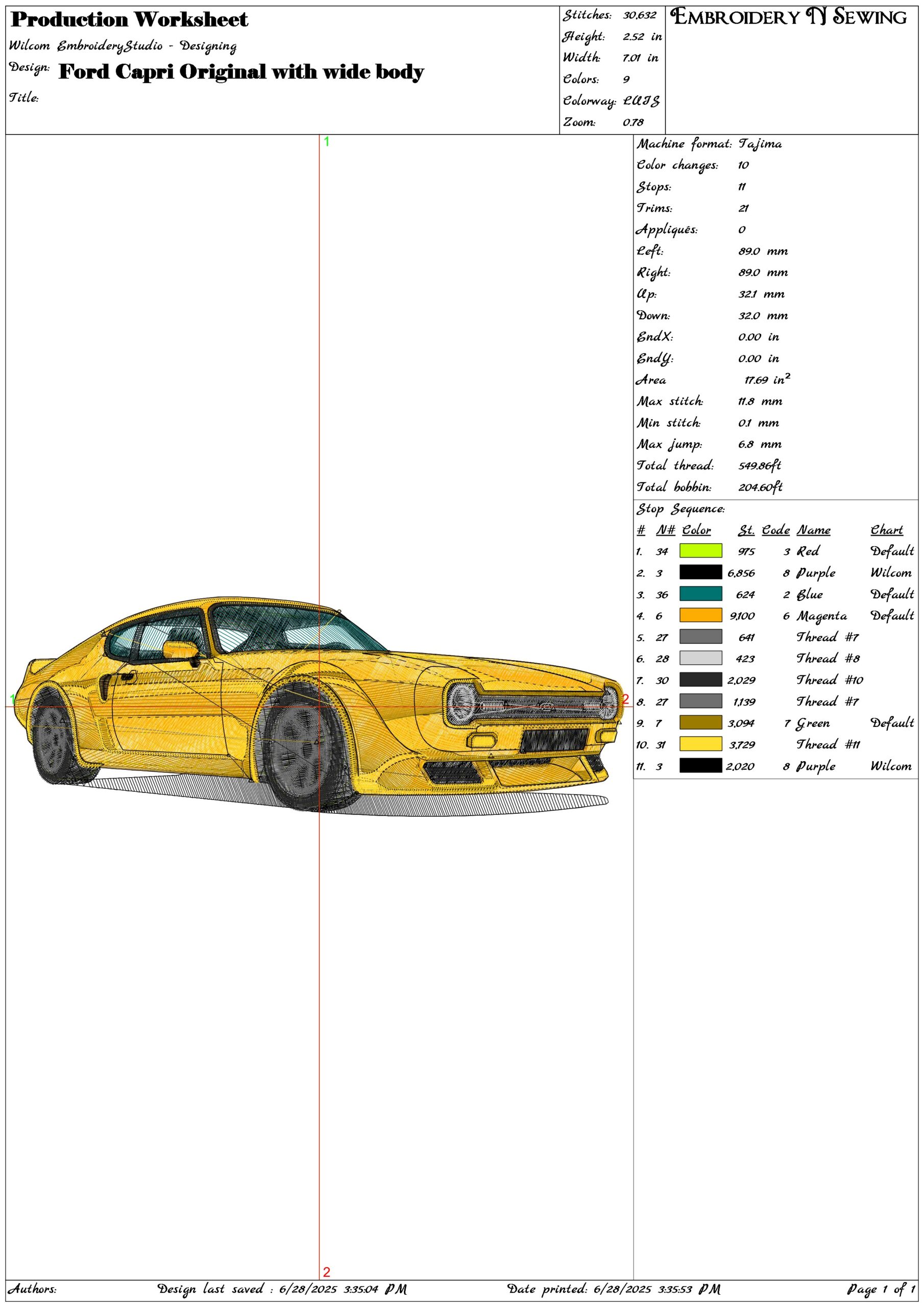 Ford Capri Original with wide body- Elegant embroidery design file - instant download — view 3