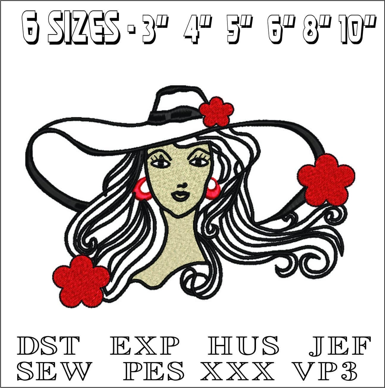 Girl face in Summer Hat- Elegant embroidery design file - instant download — view 2