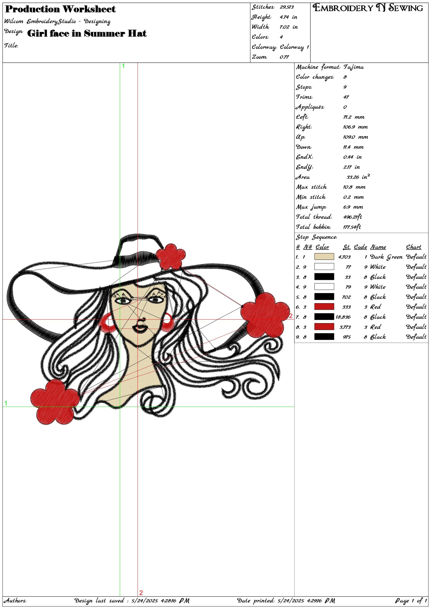 Girl face in Summer Hat- Elegant embroidery design file - instant download — view 3