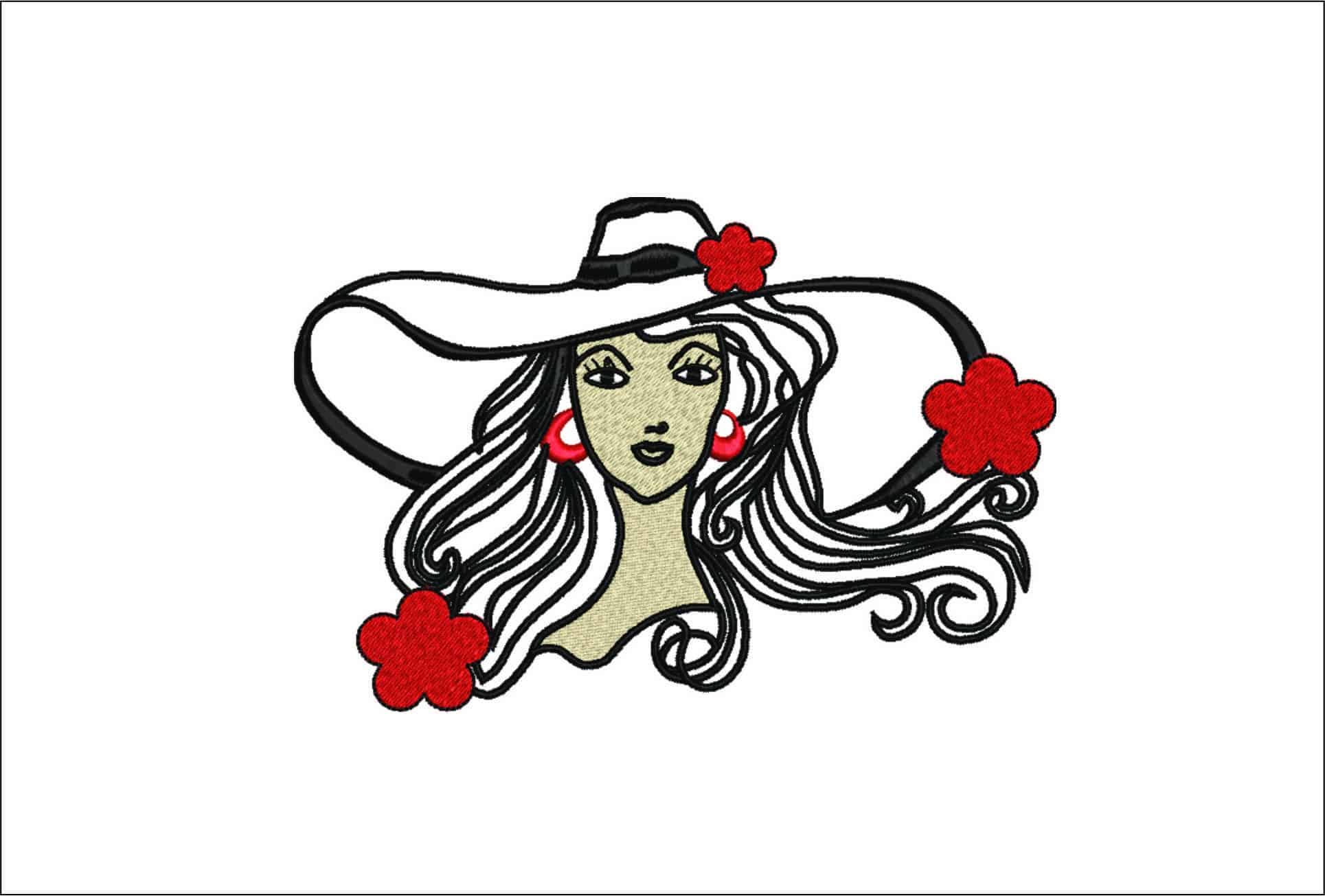 Girl face in Summer Hat- Elegant embroidery design file - instant download
