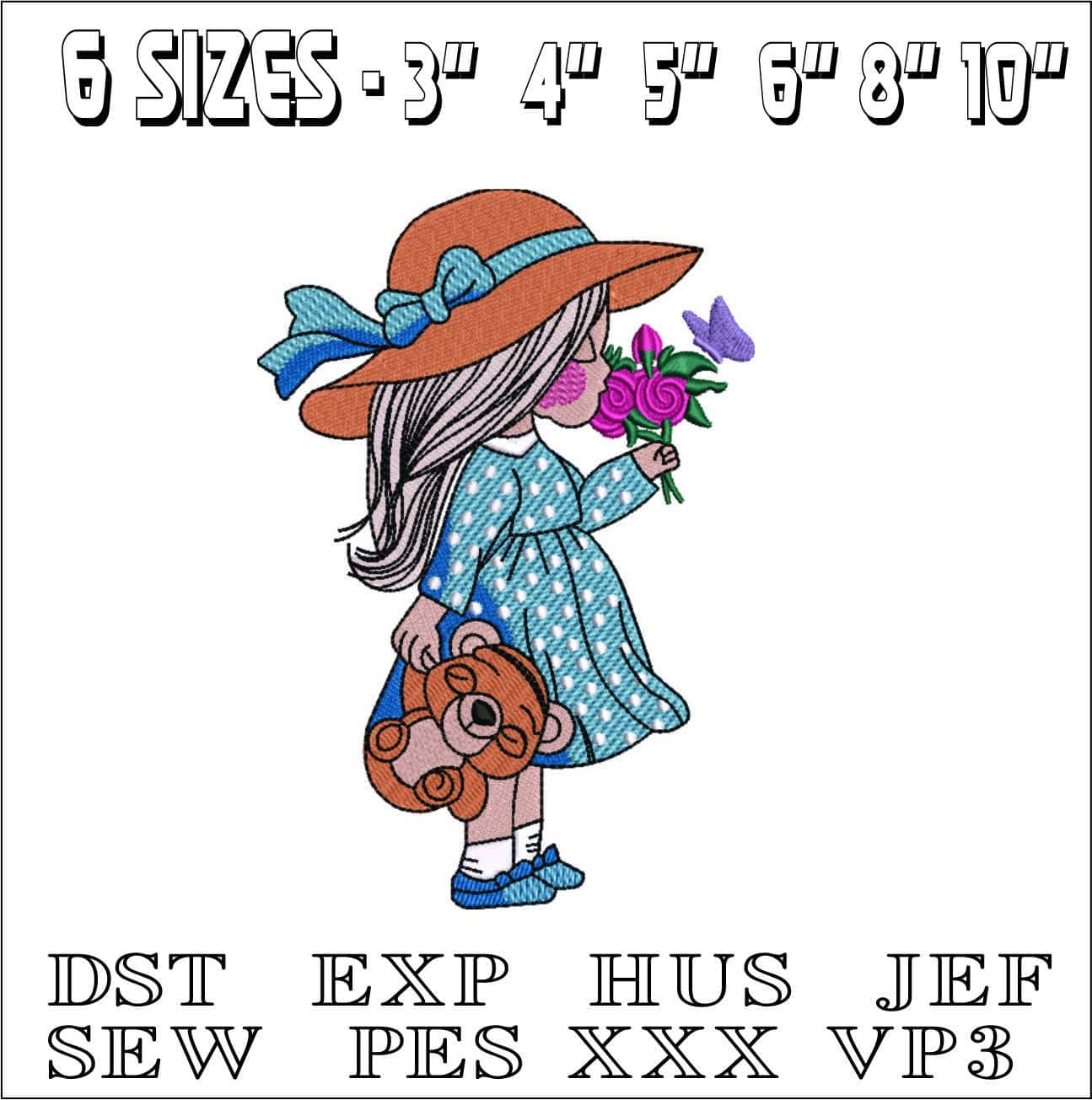 Girl with Flowers and Teddy bear- Elegant embroidery design file - instant download — view 2