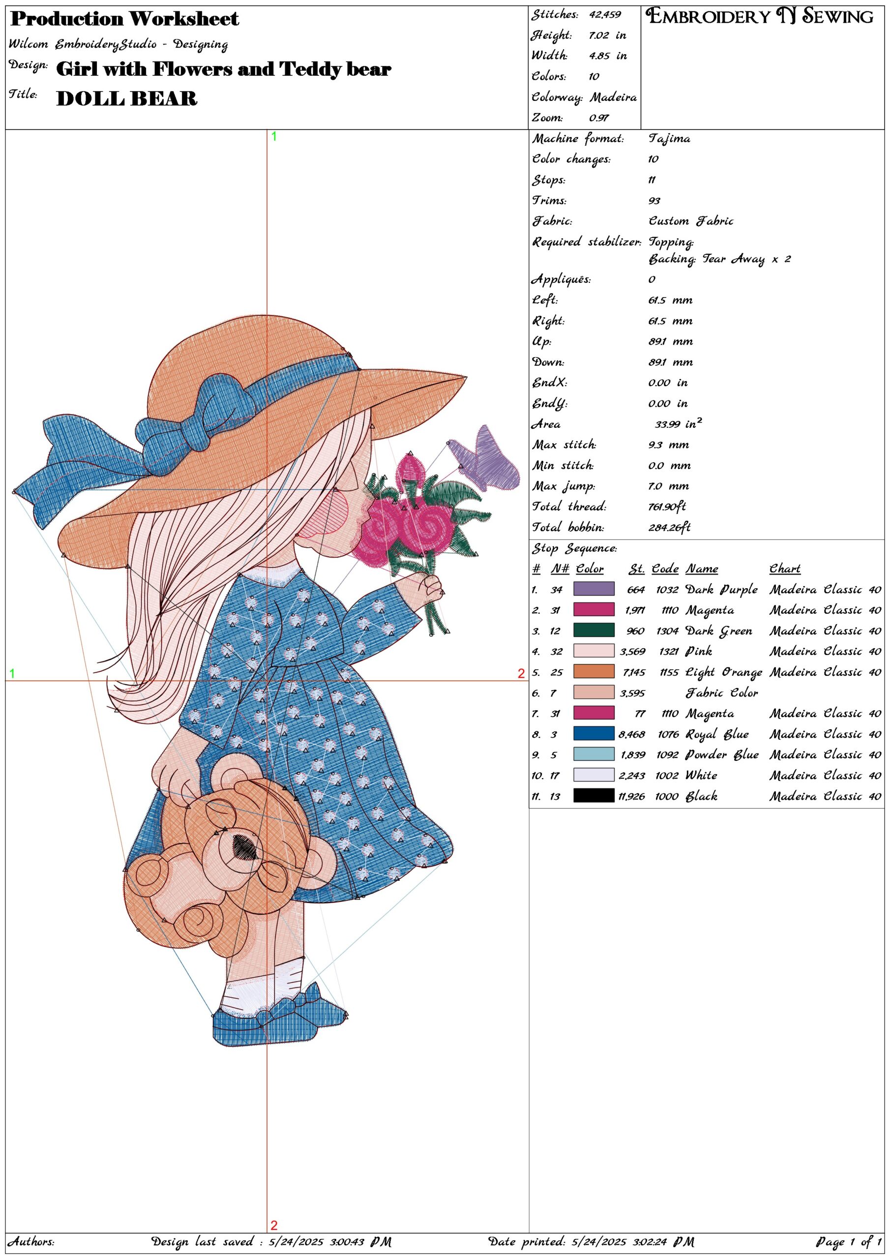 Girl with Flowers and Teddy bear- Elegant embroidery design file - instant download — view 3
