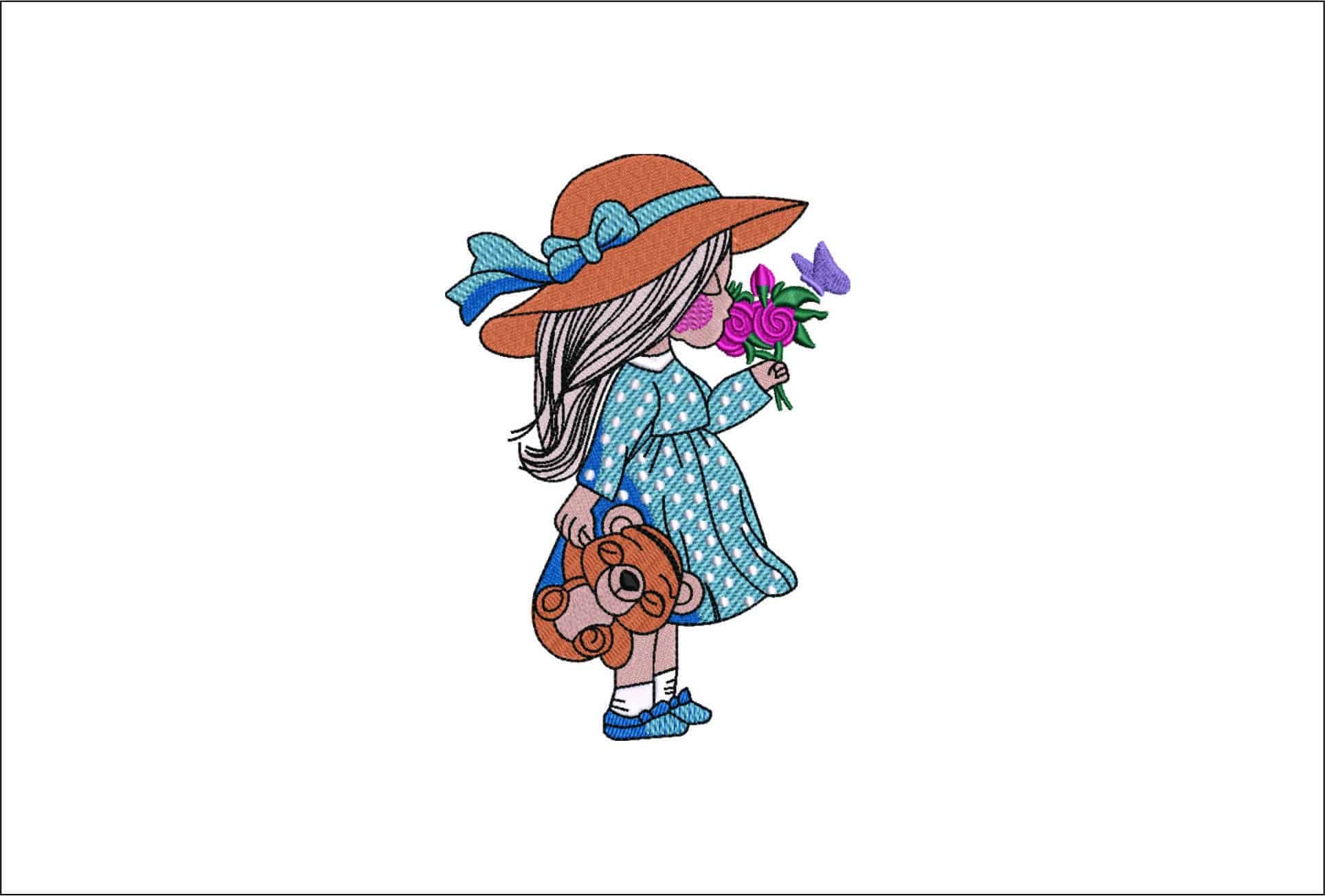 Girl with Flowers and Teddy bear- Elegant embroidery design file - instant download