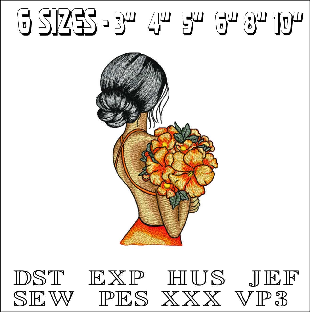 Girl with Flowers over shoulder- Elegant embroidery design file - instant download — view 2