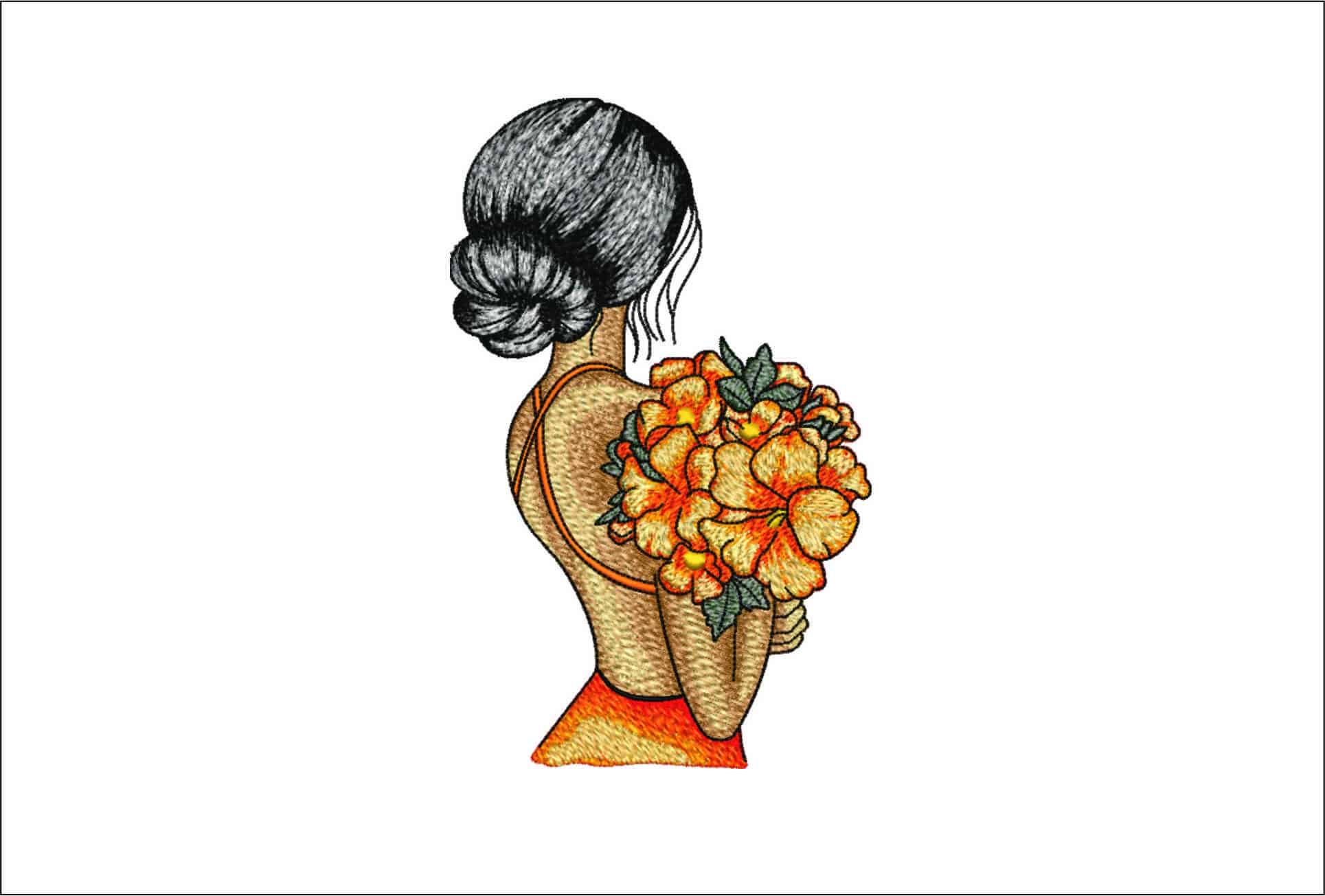 Girl with Flowers over shoulder- Elegant embroidery design file - instant download