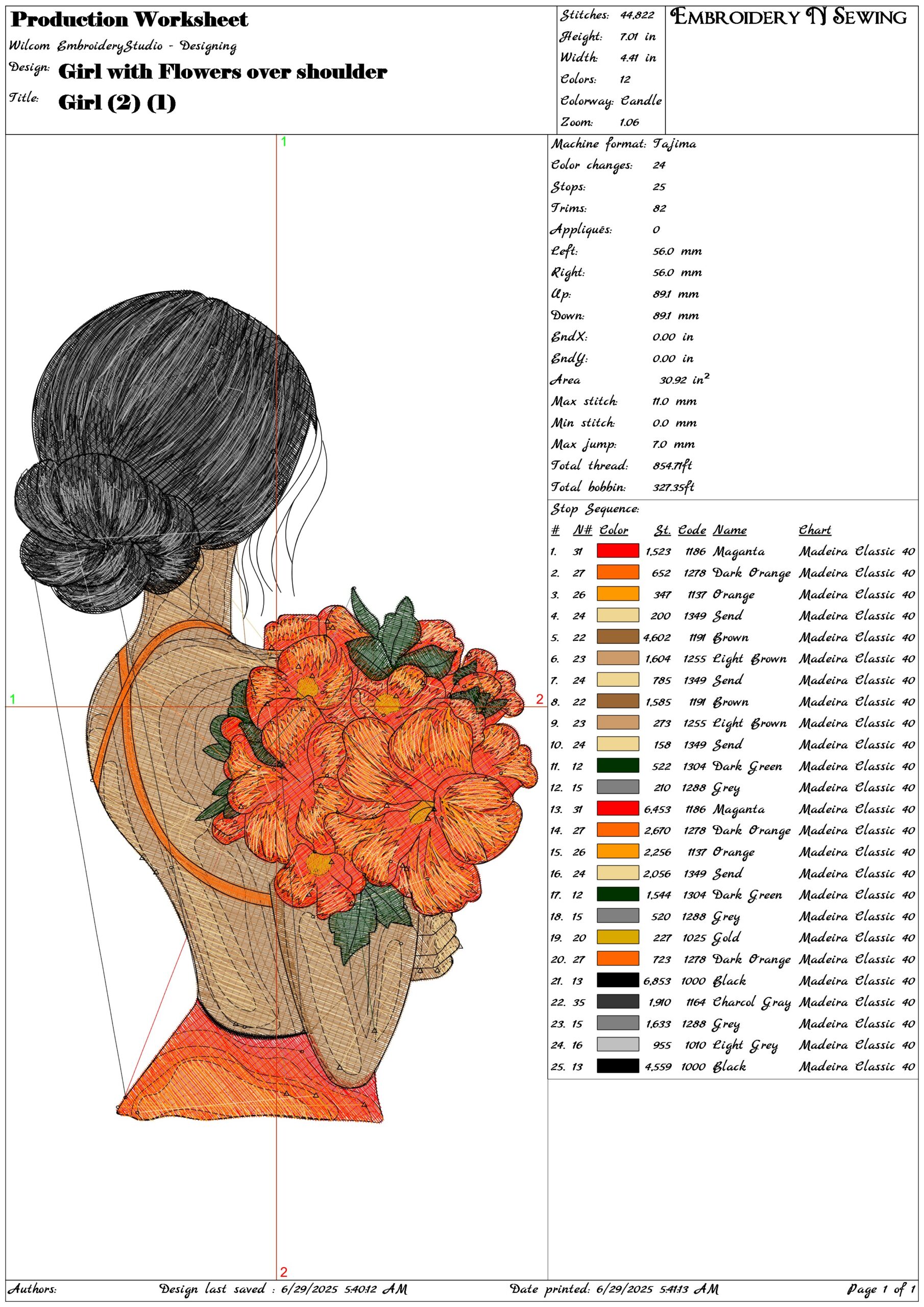 Girl with Flowers over shoulder- Elegant embroidery design file - instant download — view 3
