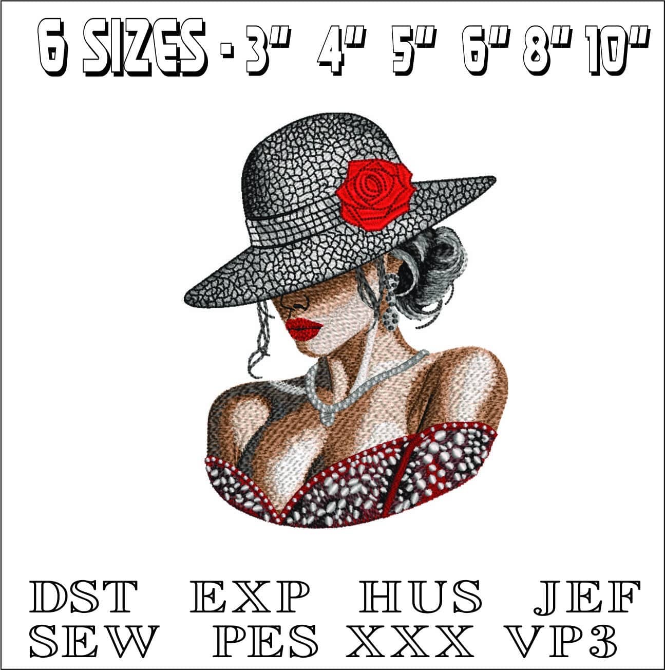 Glamous Lady with pearls and Summer Hat- Elegant embroidery design file - instant download — view 2