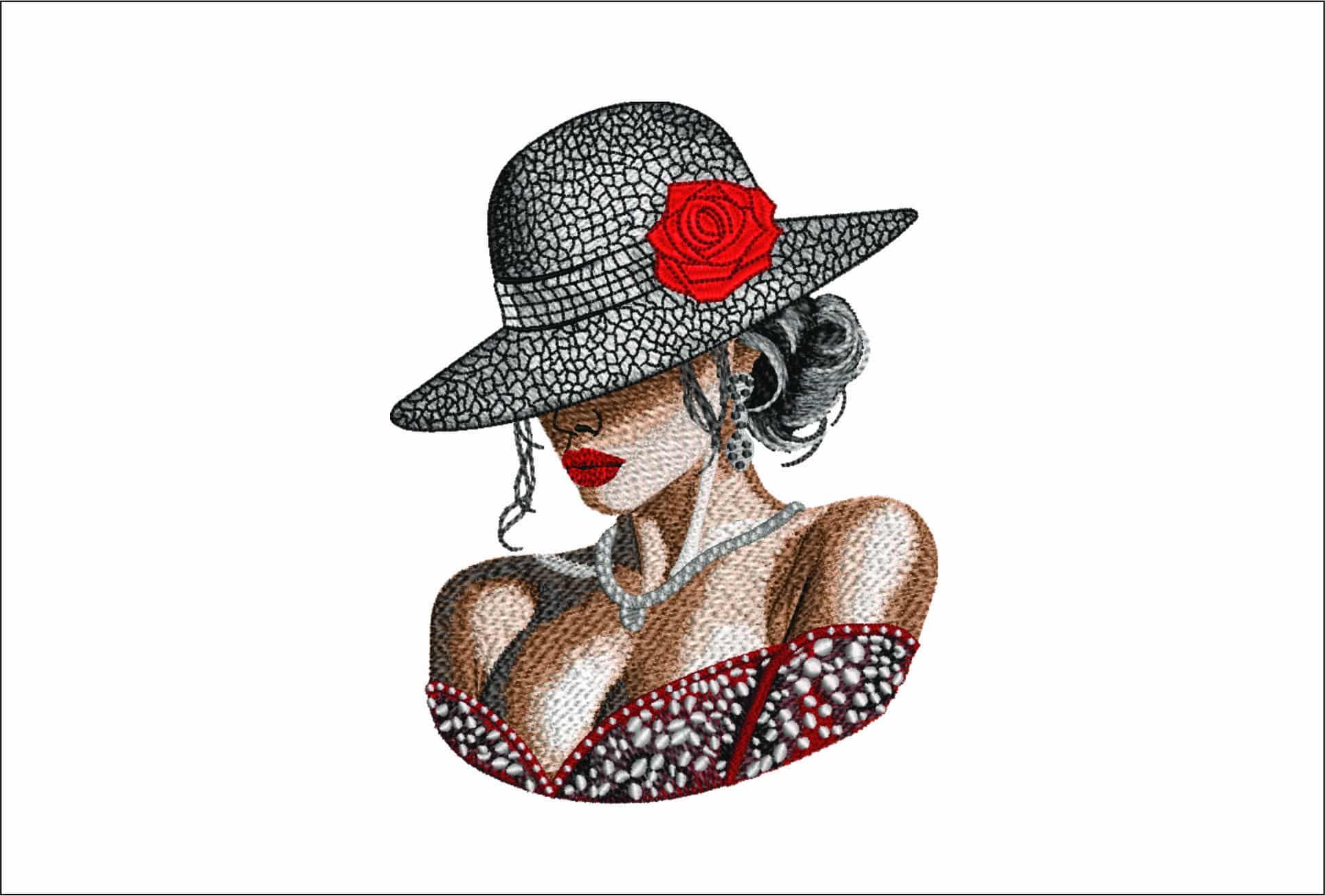 Glamous Lady with pearls and Summer Hat- Elegant embroidery design file - instant download