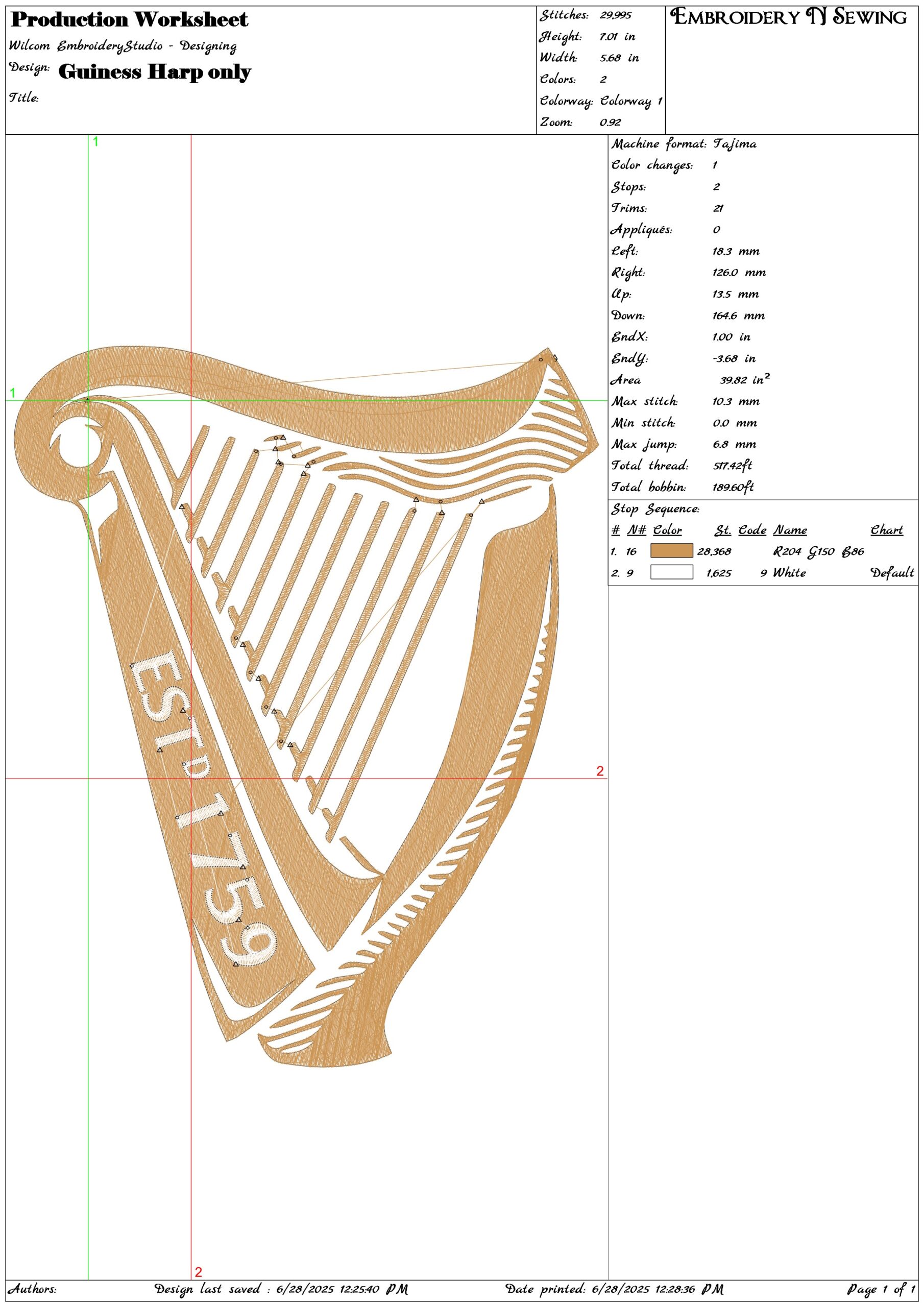 Guiness Harp Only- Elegant embroidery design file - instant download — view 3