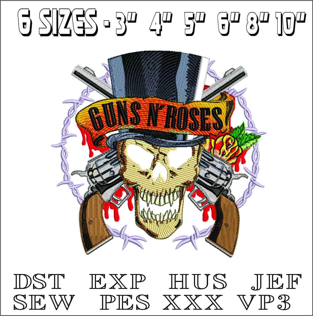 Guns Roses Skull Slash hat- Elegant embroidery design file - instant download — view 2