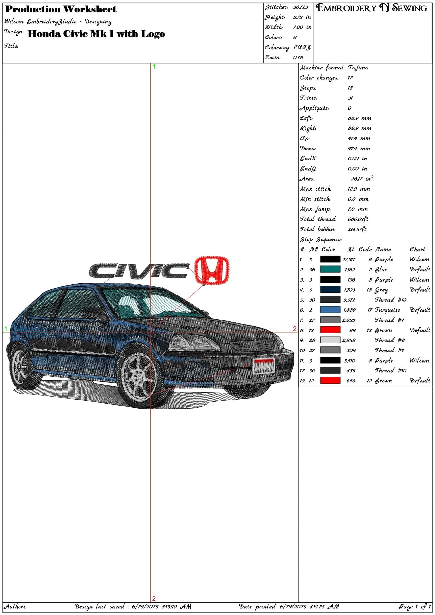 Honda Civic Mk 1 with Logo- Elegant embroidery design file - instant download — view 3