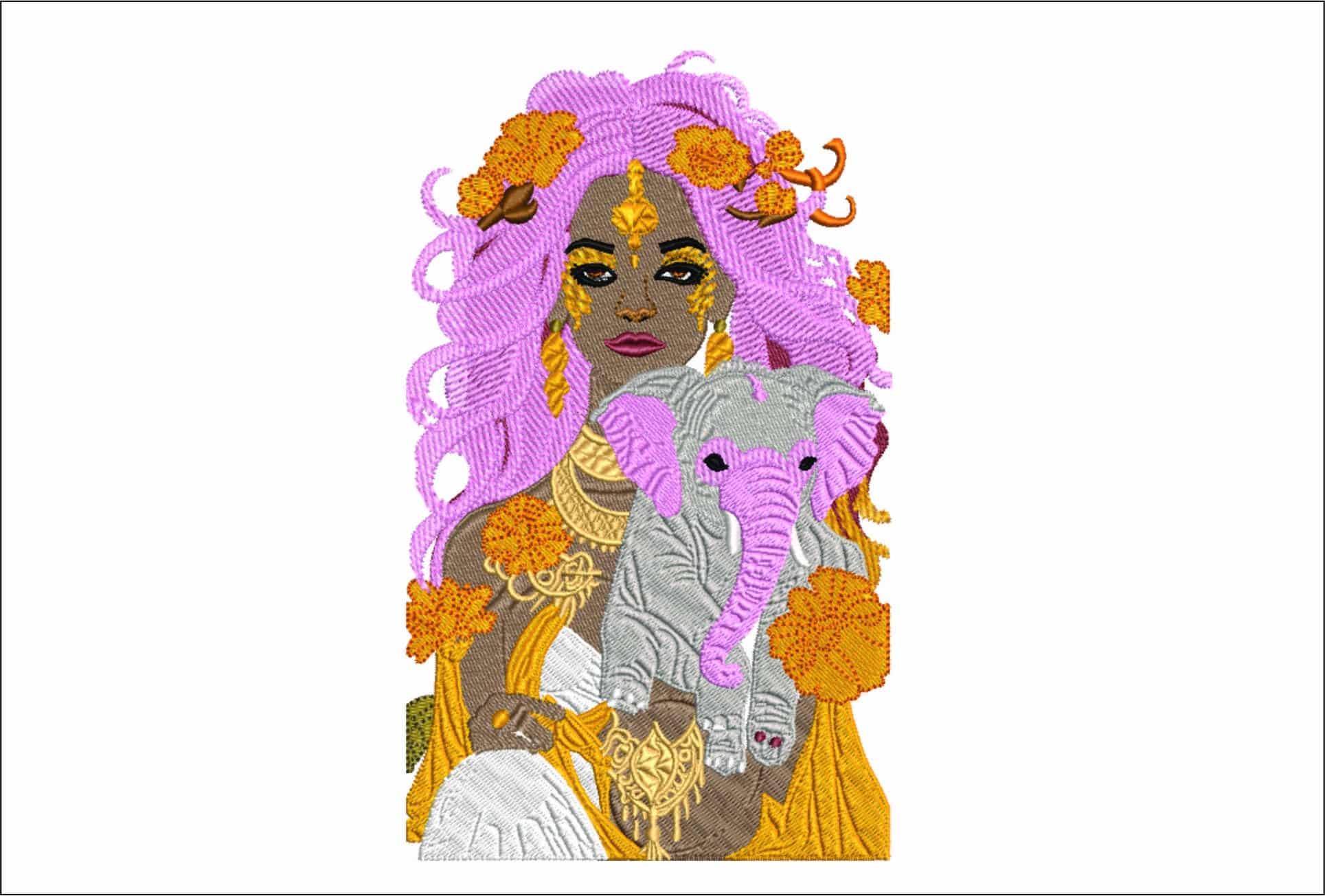 Indian Elephant Lady- Elegant embroidery design file - instant download