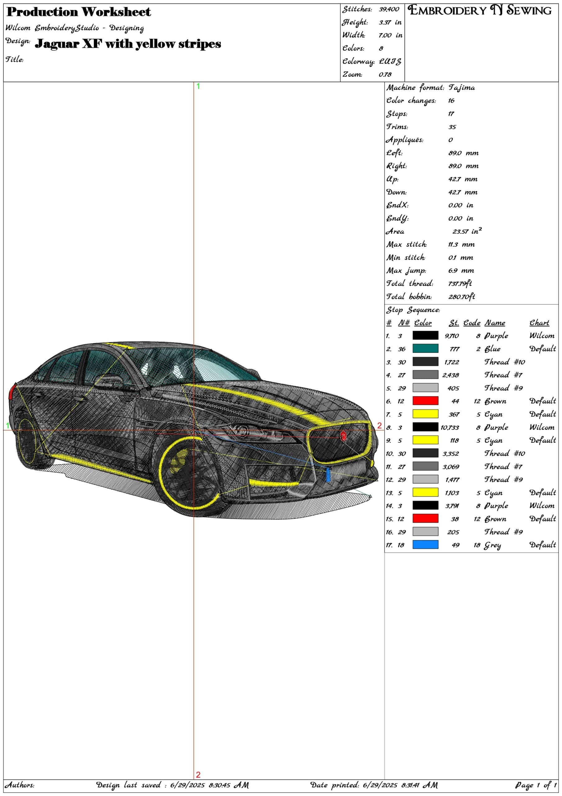 Jaguar XF with yellow stripes- Elegant embroidery design file - instant download — view 3