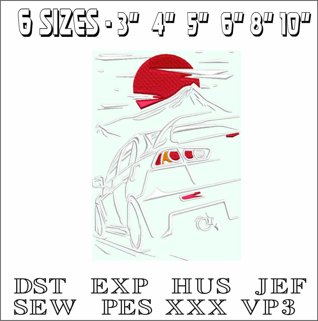 Japanese Car into Sunset Outline- Elegant embroidery design file - instant download — view 2
