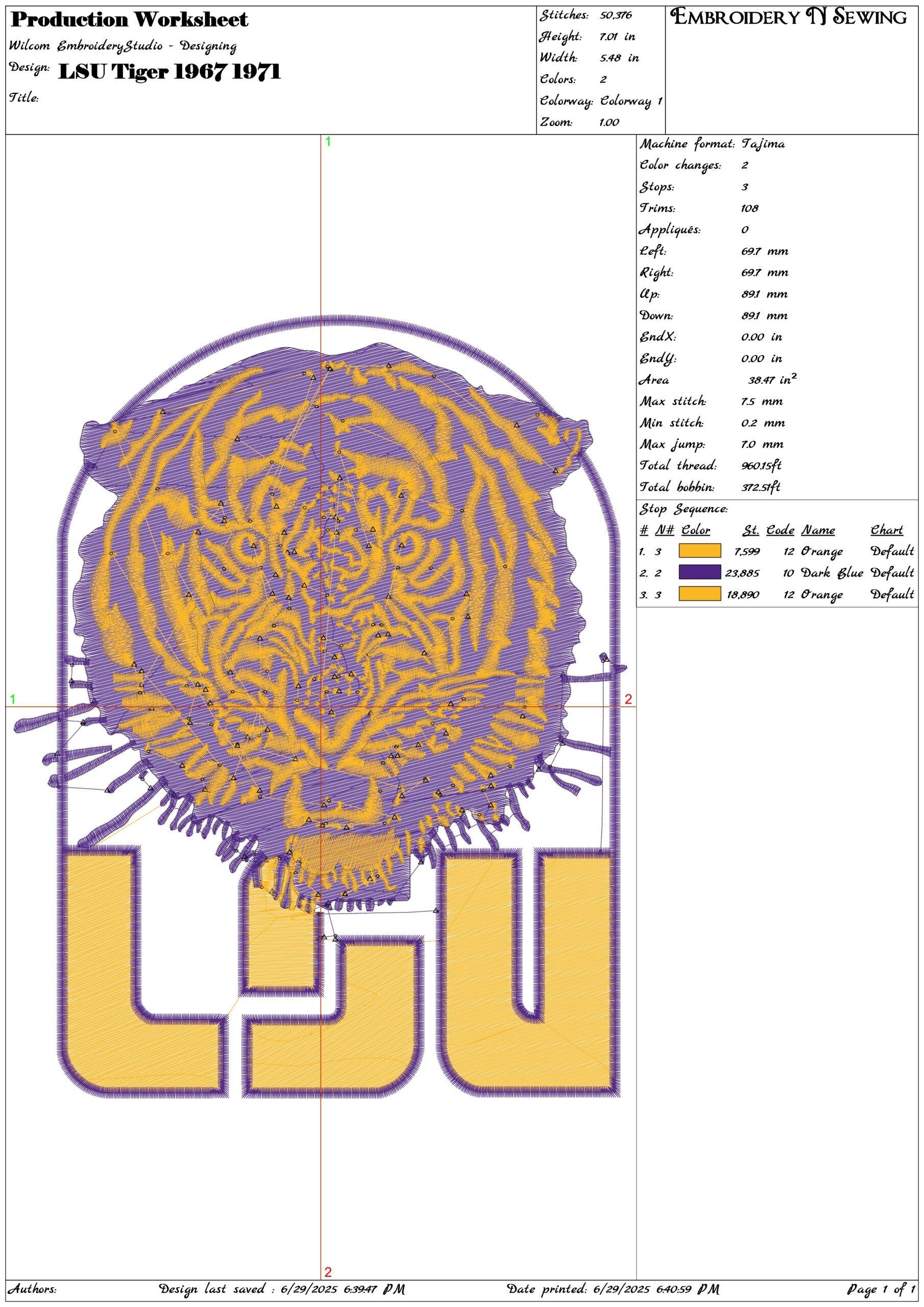 LSU Tiger 1967 1971- Elegant embroidery design file - instant download — view 3