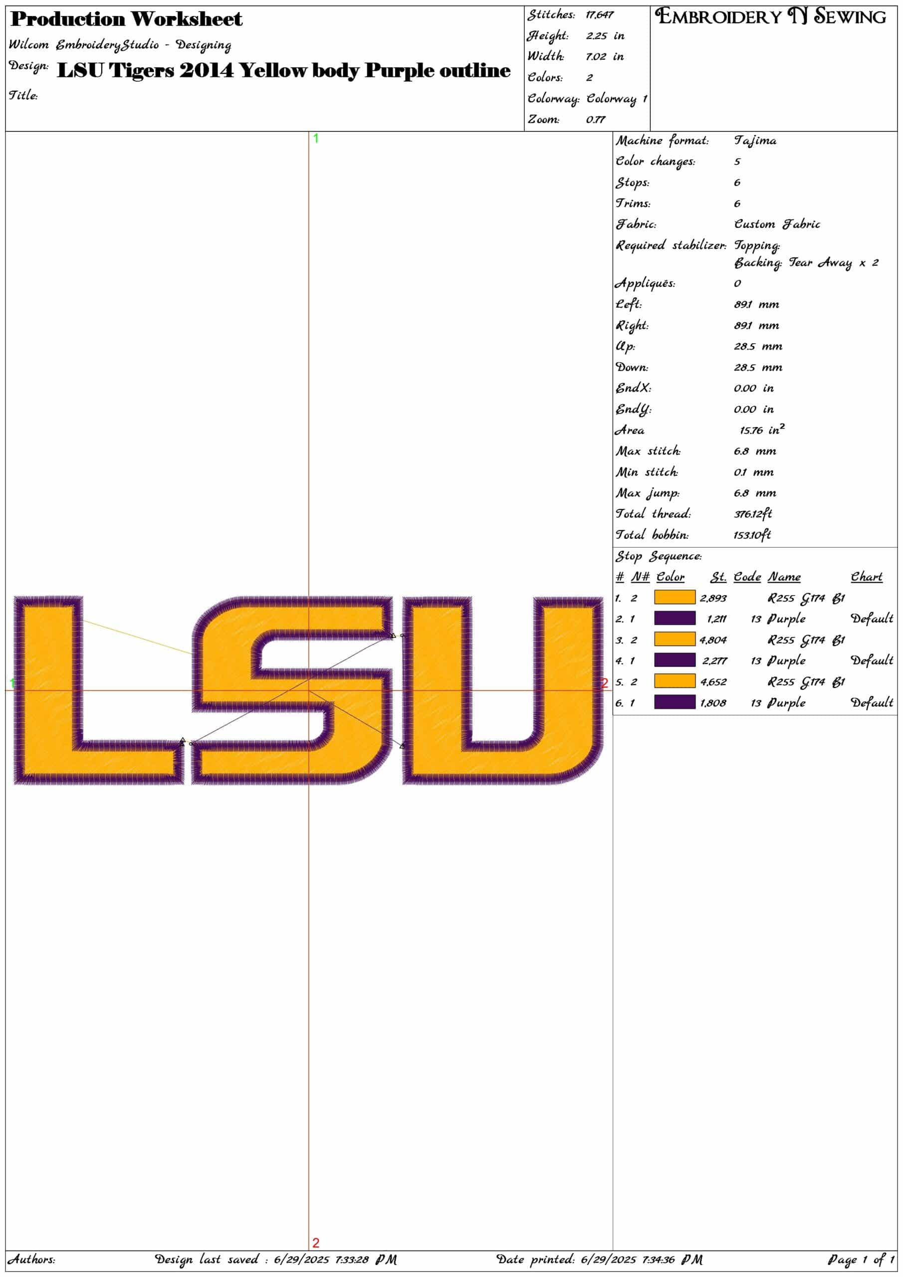 LSU Tigers 2014 Yellow body Purple outline- Elegant embroidery design file - instant download — view 3