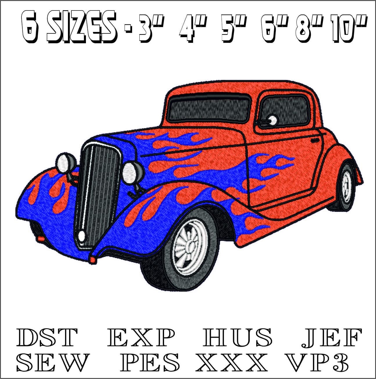 1950's Hotrod with Flames- Elegant embroidery design file - instant download — view 2