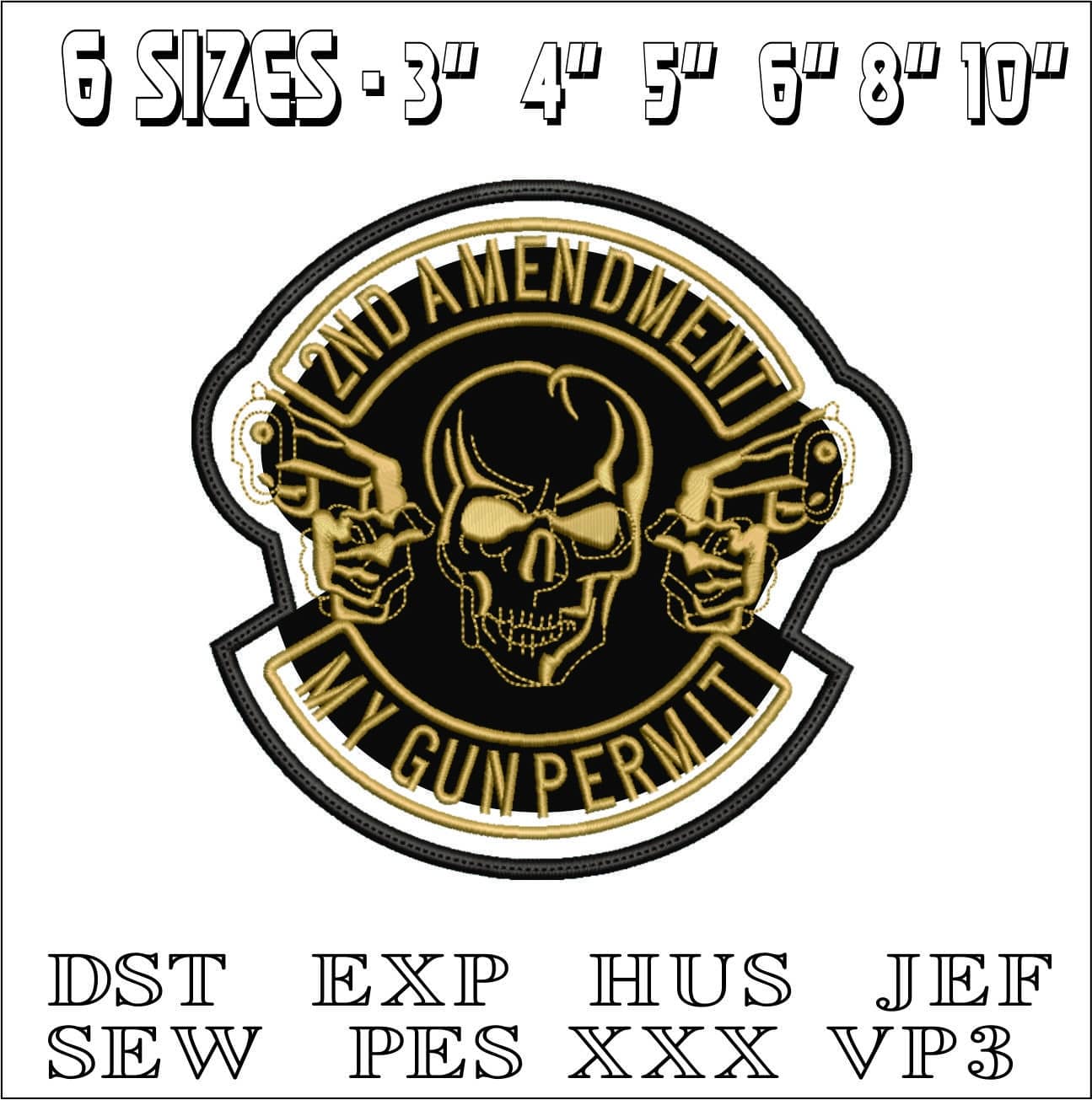Amendment Skull- Elegant embroidery design file - instant download — view 2