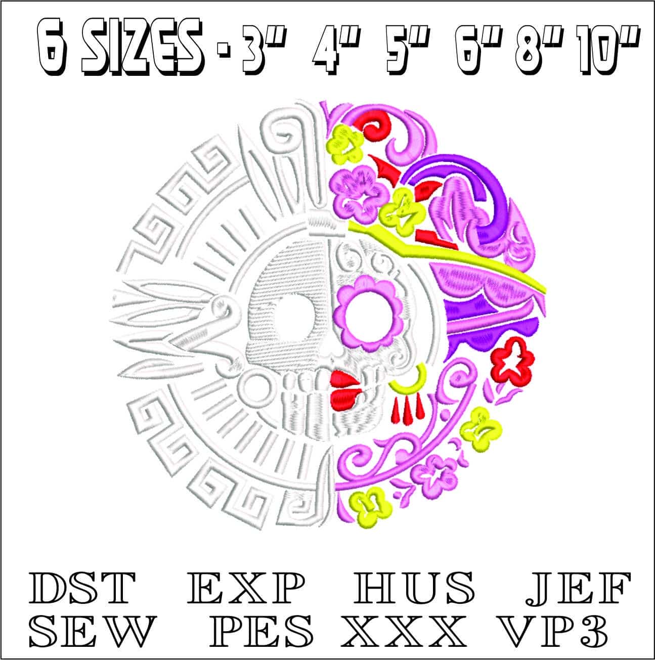 Skull mono color-Elegant embroidery design file - instant download — view 2