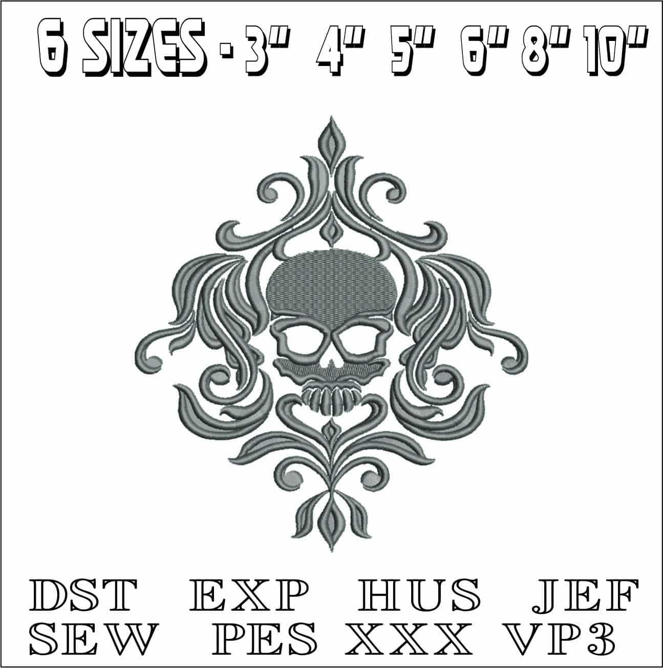 Skull With Twirls-Elegant embroidery design file - instant download — view 2