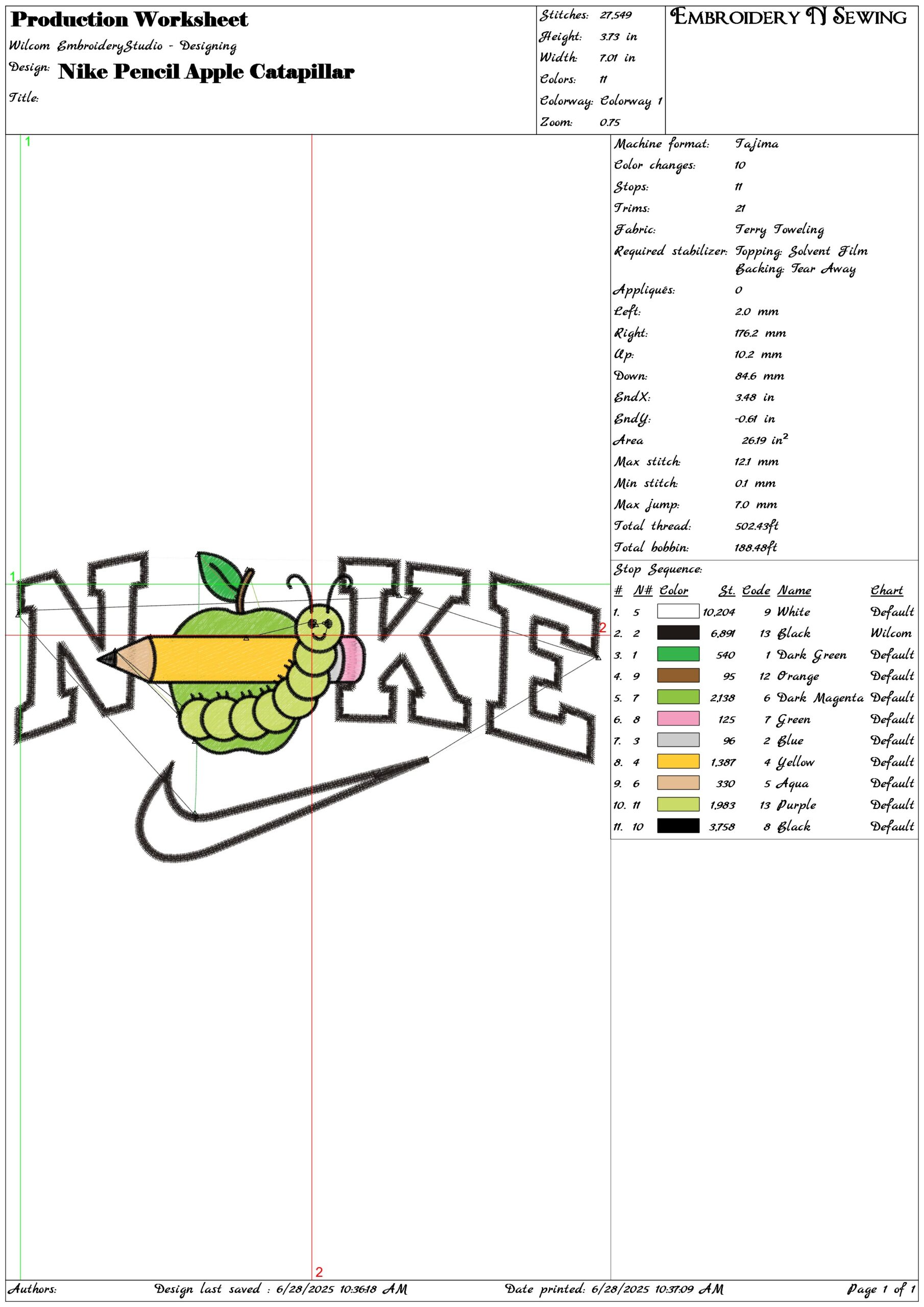 Nike Pencil Apple Catapillar-Elegant embroidery design file - instant download — view 3