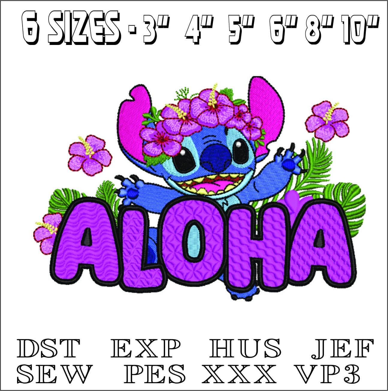 Stitch Aloha With Hawaiin Flowers-Elegant embroidery design file - instant download — view 2