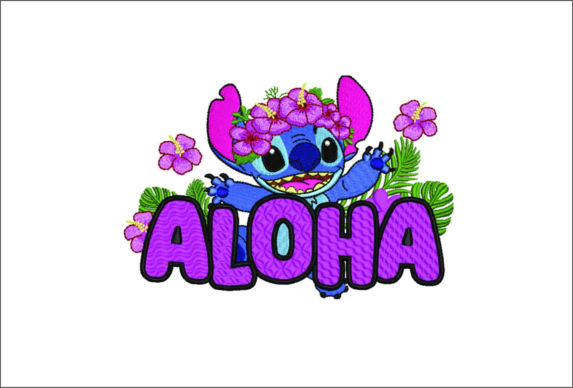 Stitch Aloha With Hawaiin Flowers-Elegant embroidery design file - instant download