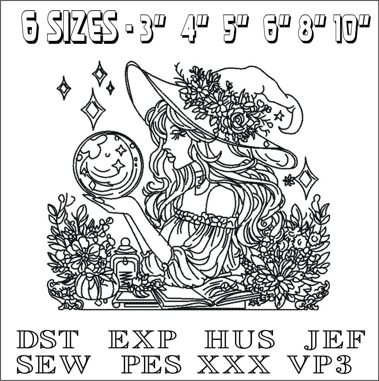 Witch looking into Crystal Ball-Elegant embroidery design file - instant download — view 2