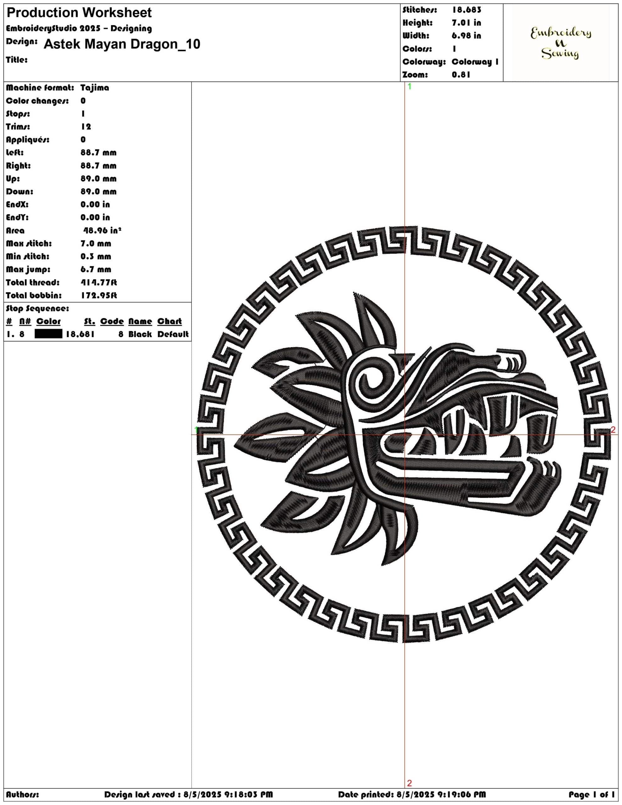 Astek Mayan Dragon-Elegant embroidery design file - instant download — view 3