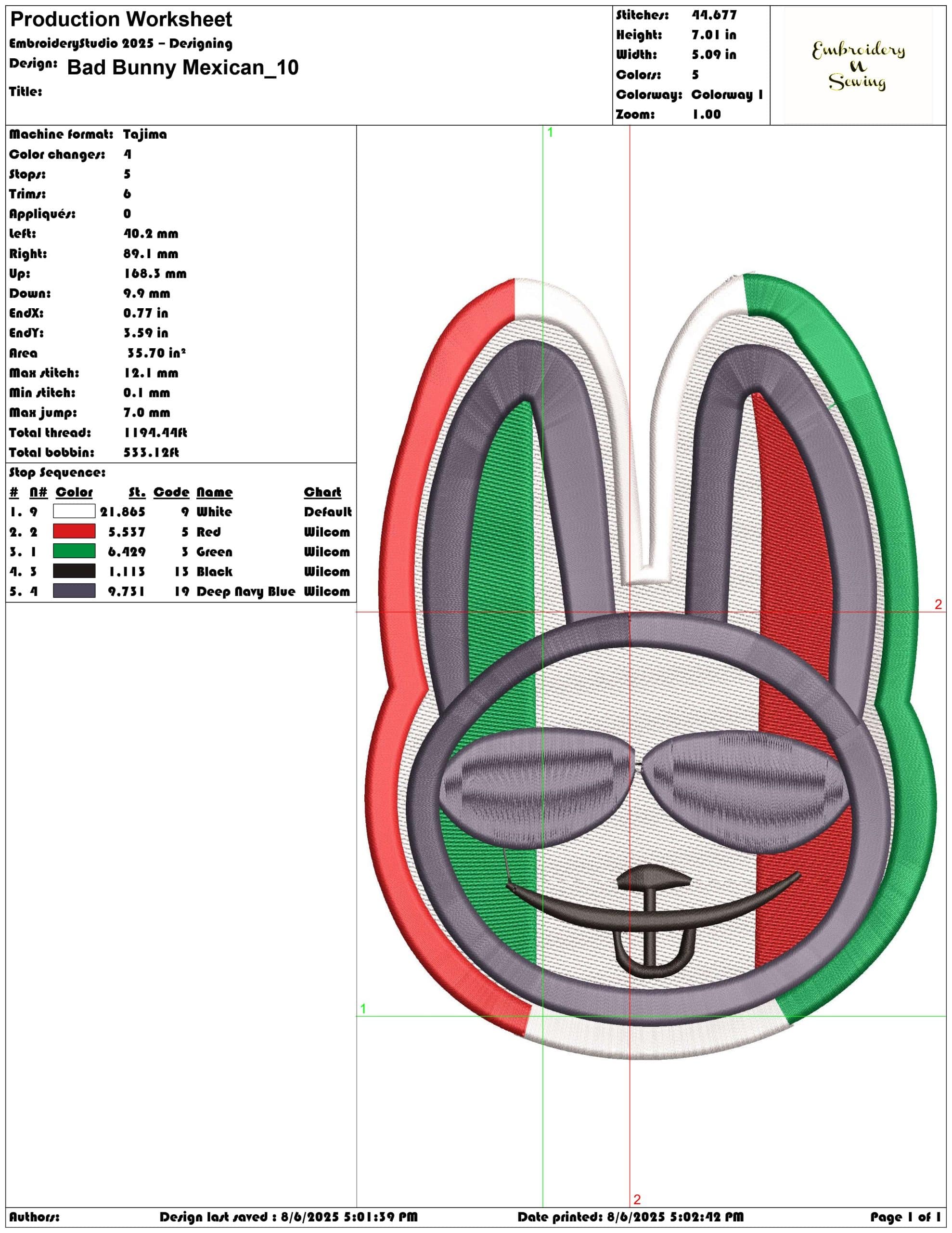 Bad Bunny Mexican-Elegant embroidery design file - instant download — view 3