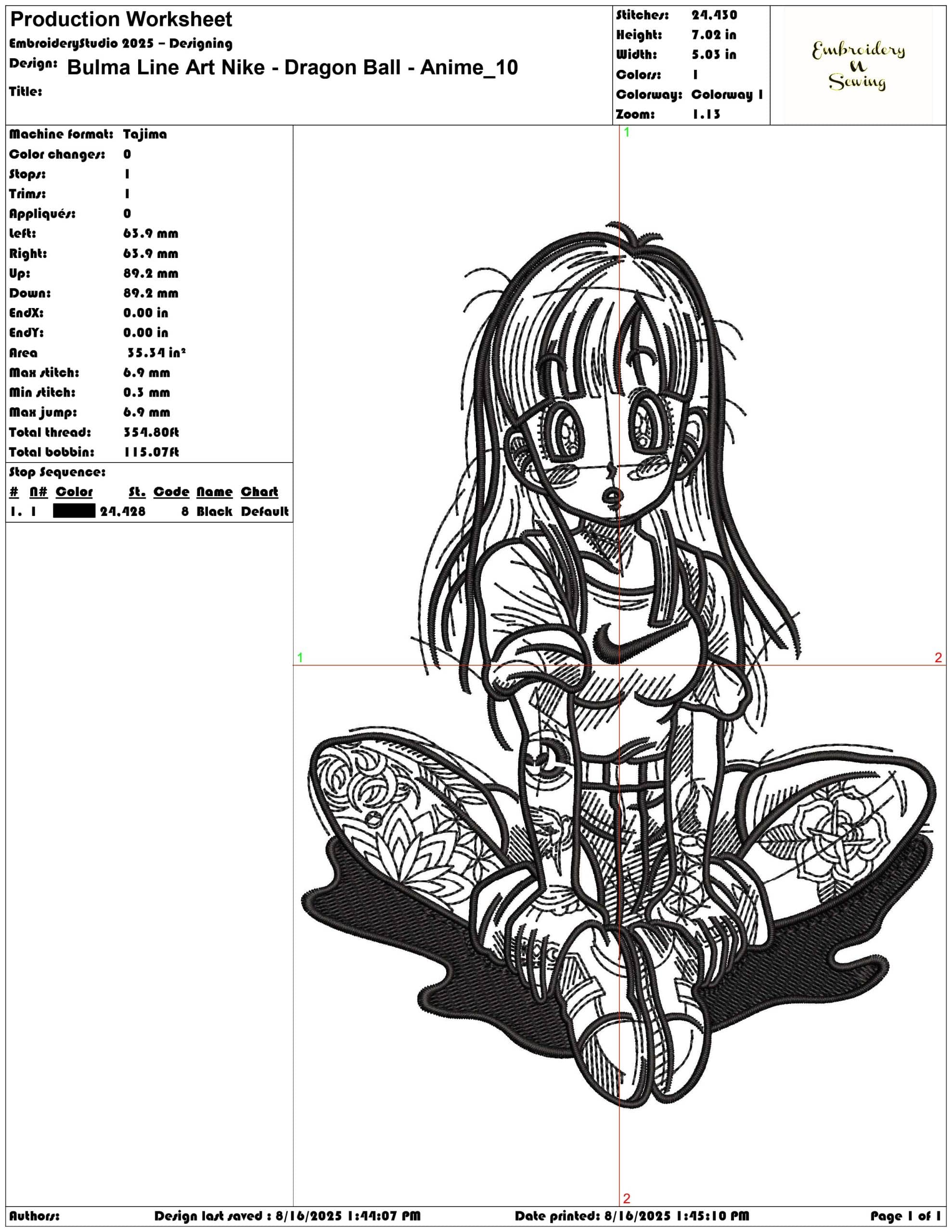 Bulma Line Art Nike - Dragon Ball - Anime-Elegant embroidery design file - instant download — view 3