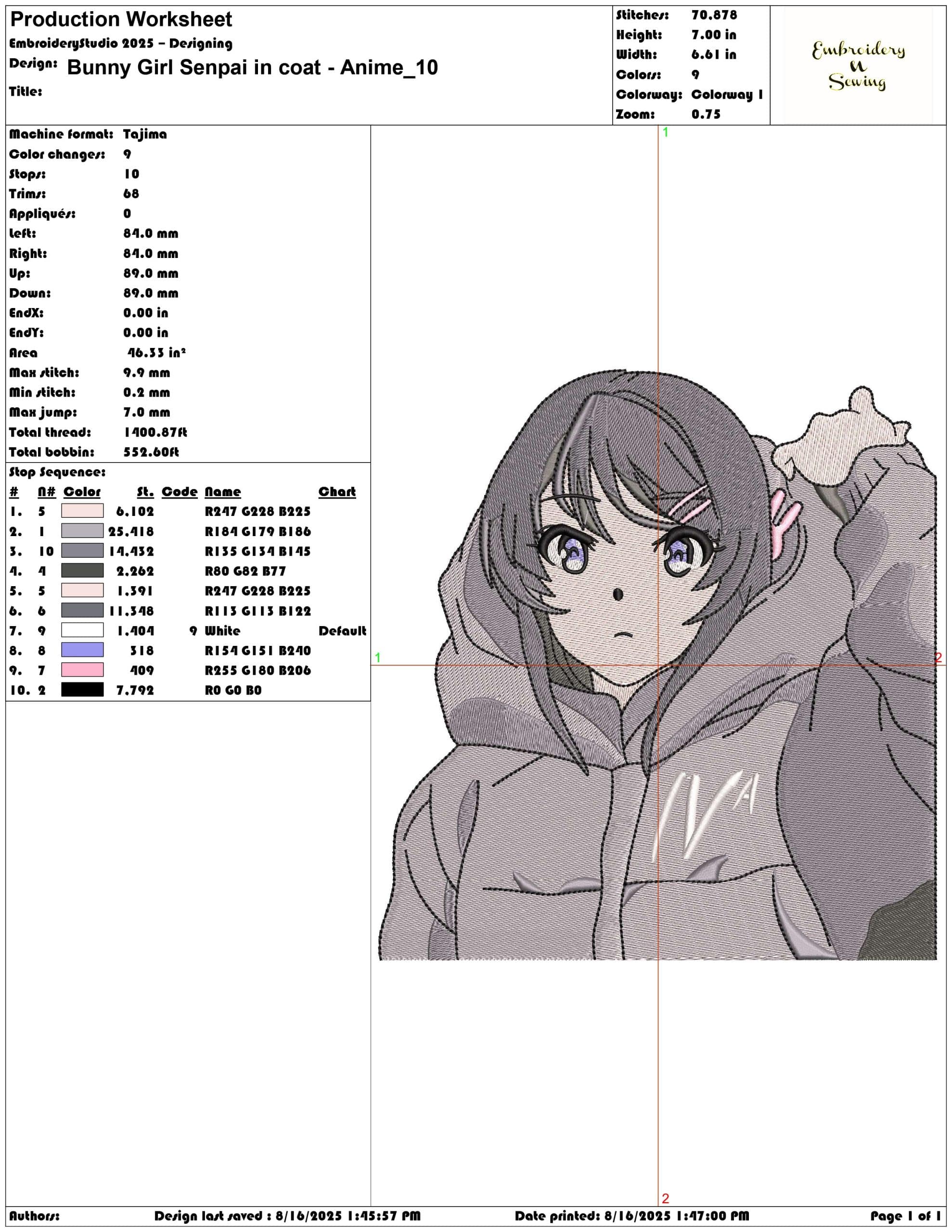 Bunny Girl Senpai in coat - Anime-Elegant embroidery design file - instant download — view 3
