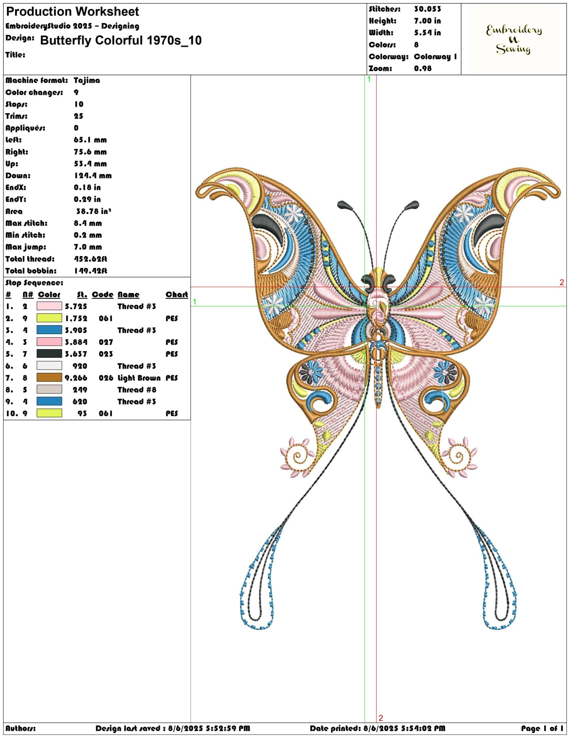 Butterfly Colorful 1970s-Elegant embroidery design file - instant download — view 3