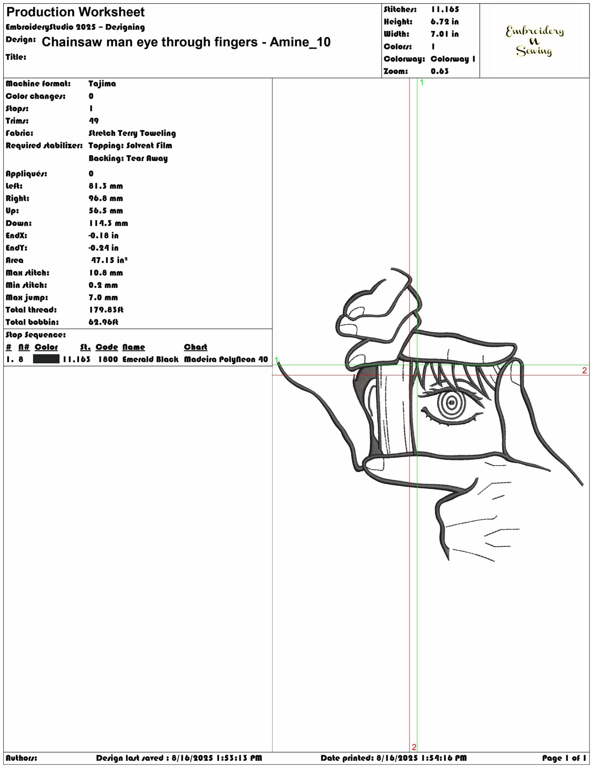 Chainsaw man eye through fingers - Amine-Elegant embroidery design file - instant download — view 3