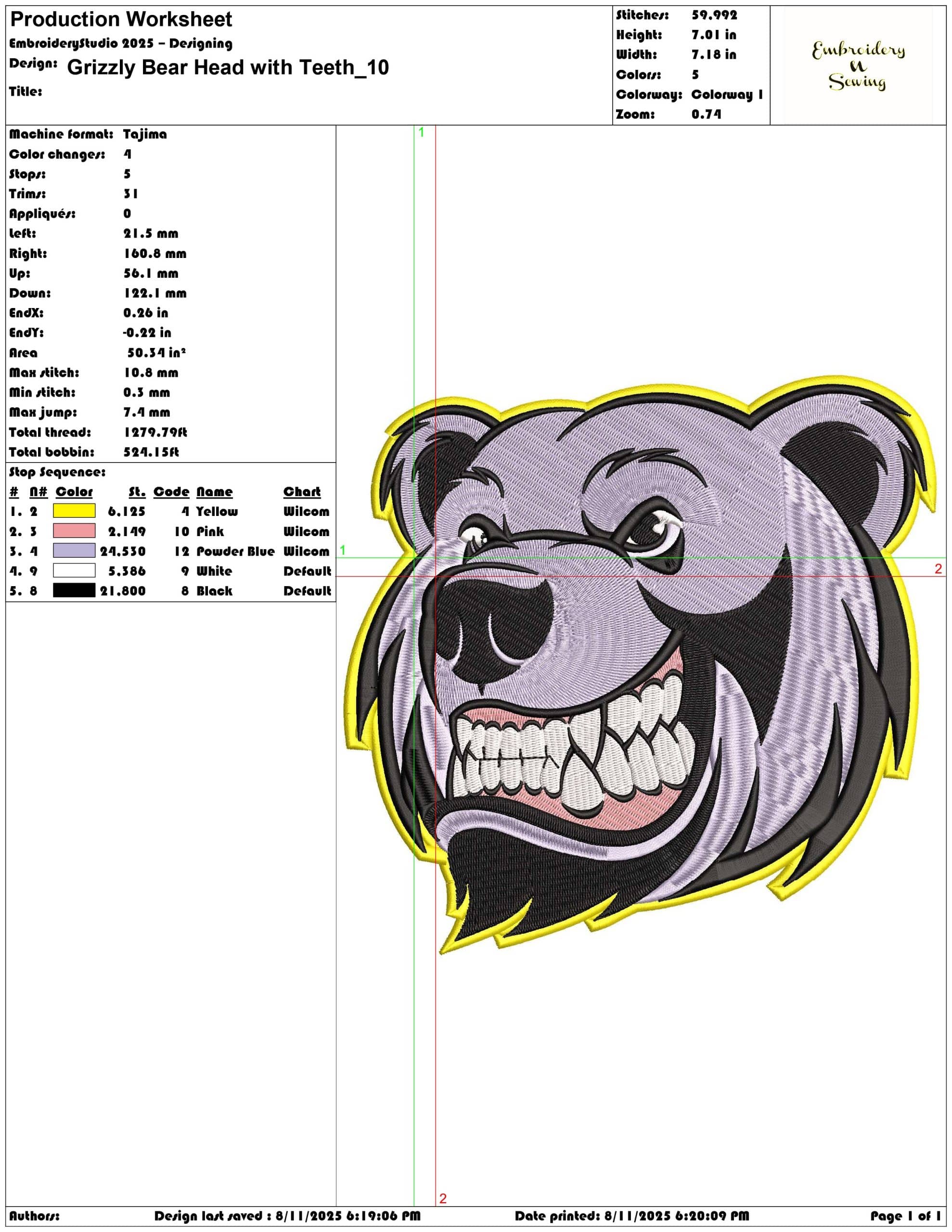 Grizzly Bear Head with Teeth-Elegant embroidery design file - instant download — view 3