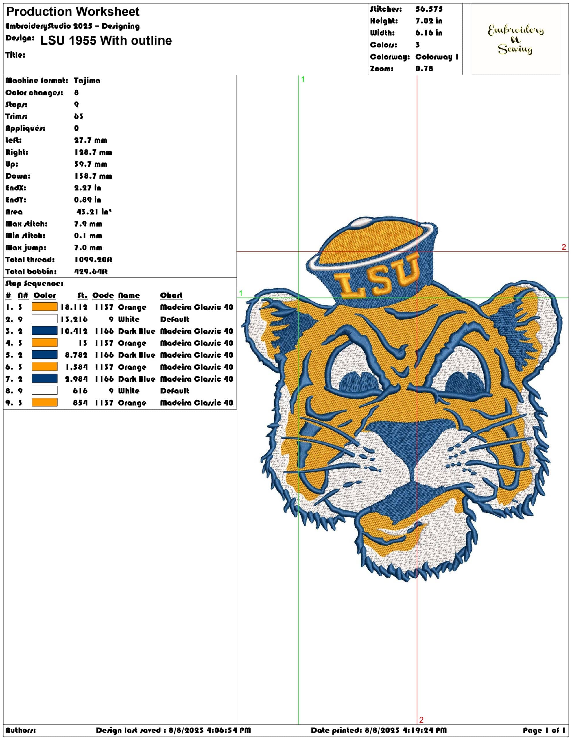 LSU 1955 With outline-Elegant embroidery design file - instant download — view 3