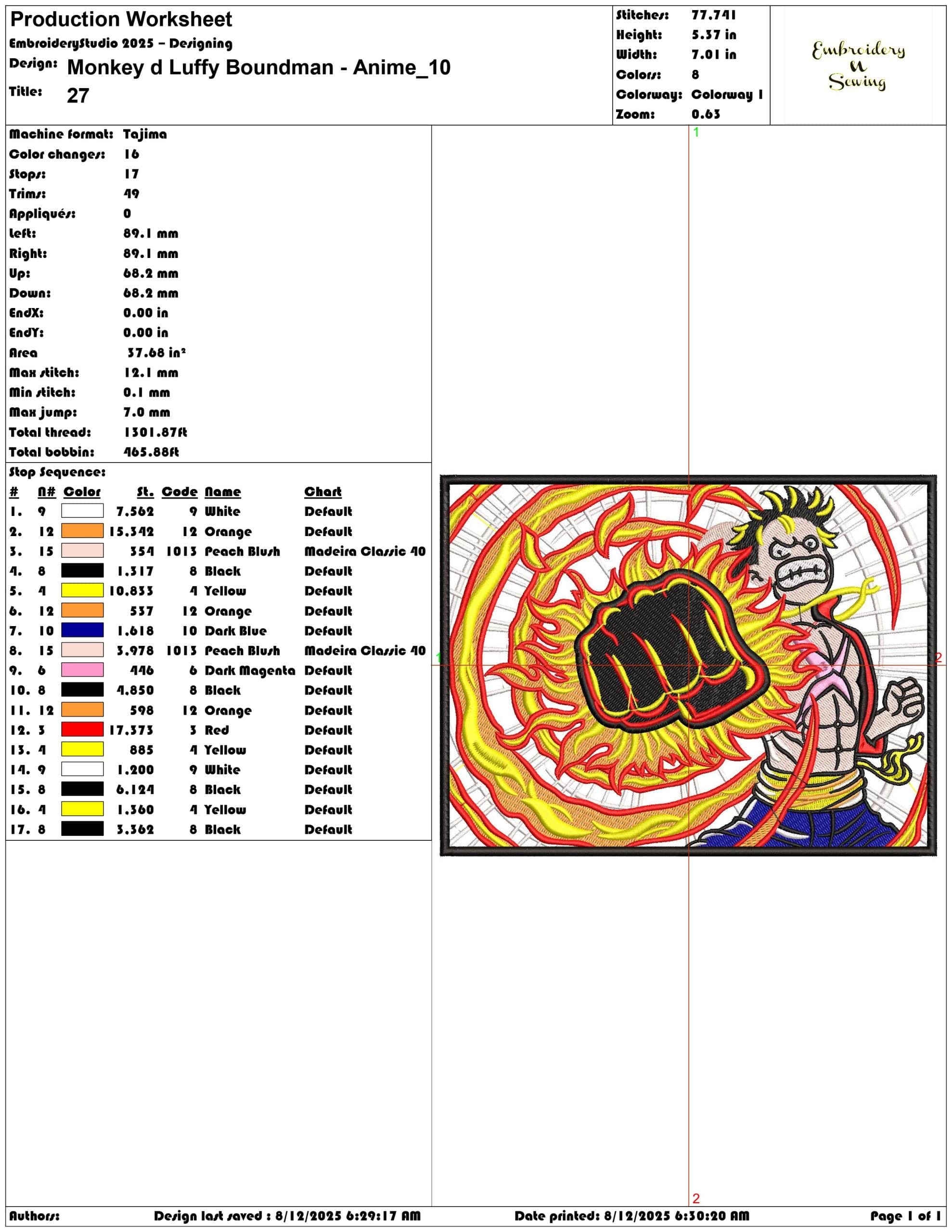 Monkey d Luffy Boundman - Anime-Elegant embroidery design file - instant download — view 3