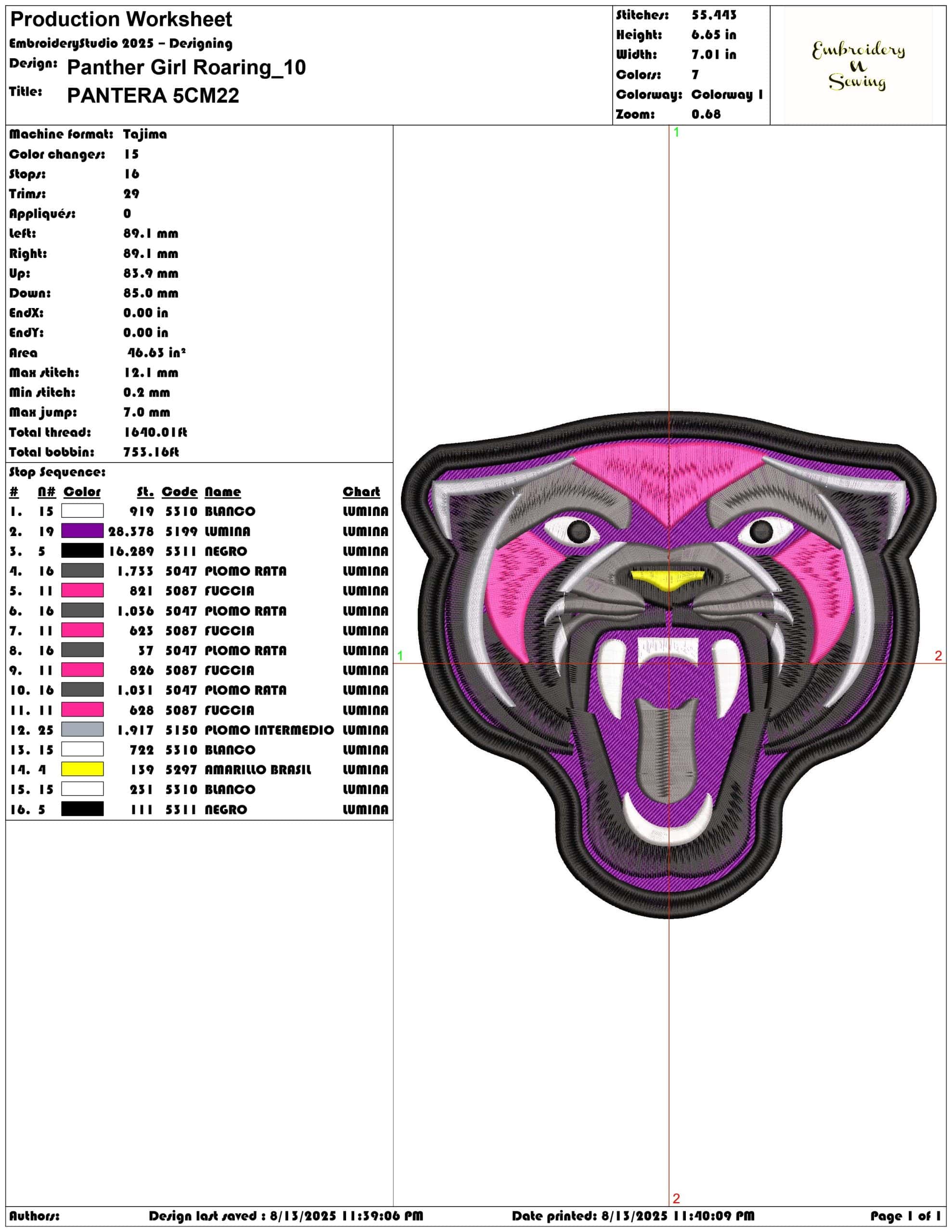 Panther Girl Roaring-Elegant embroidery design file - instant download — view 3
