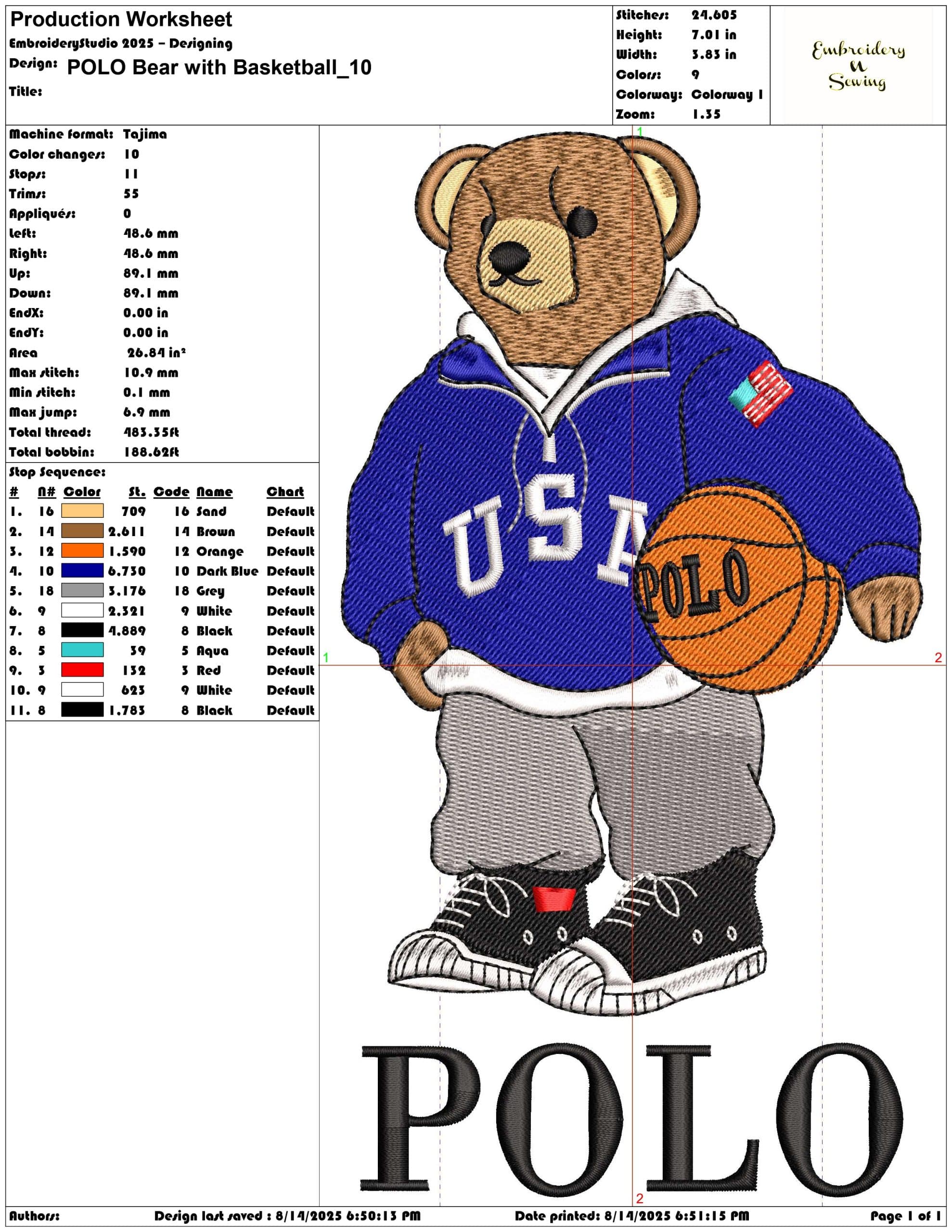 POLO Bear with Basketball-Elegant embroidery design file - instant download — view 3