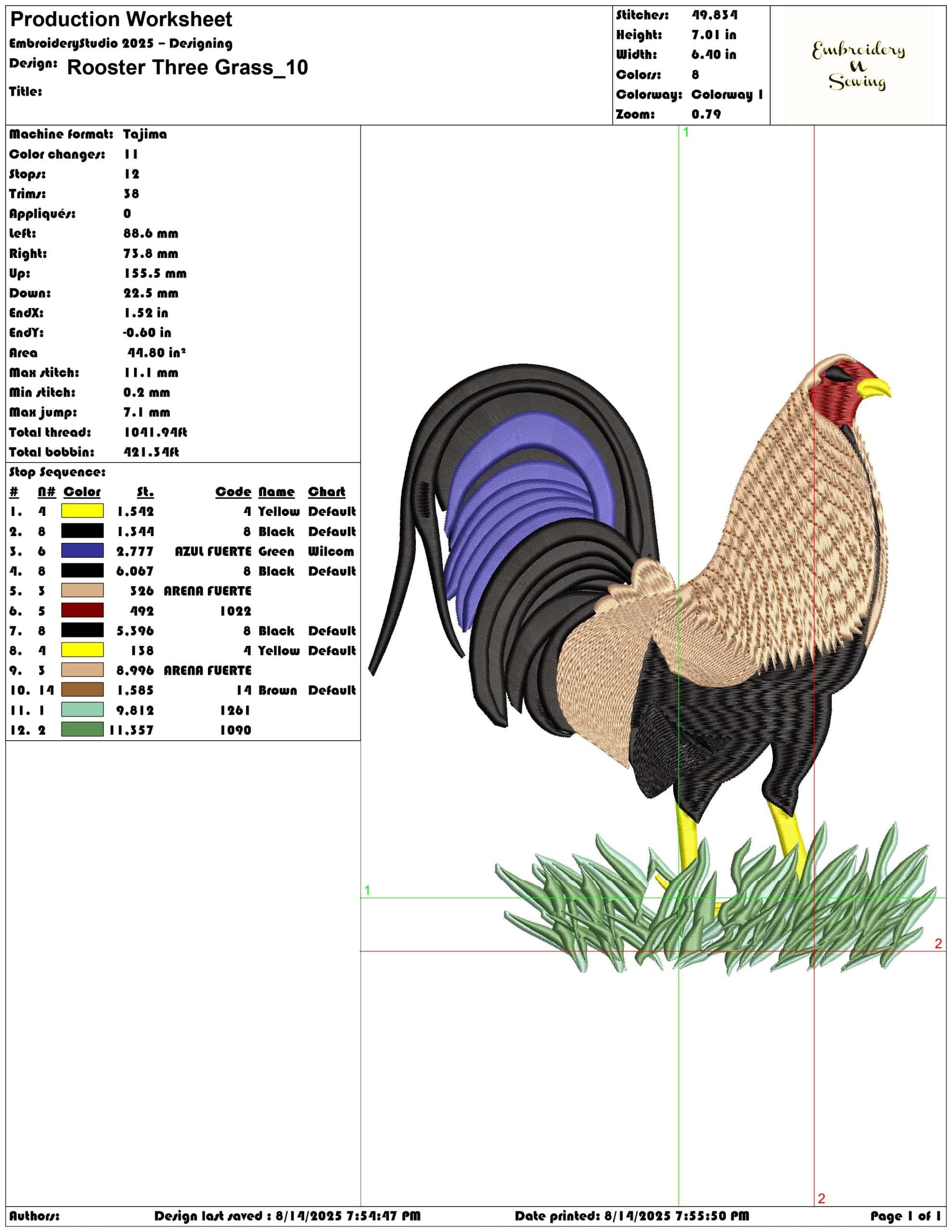 Rooster Three Grass-Elegant embroidery design file - instant download — view 3