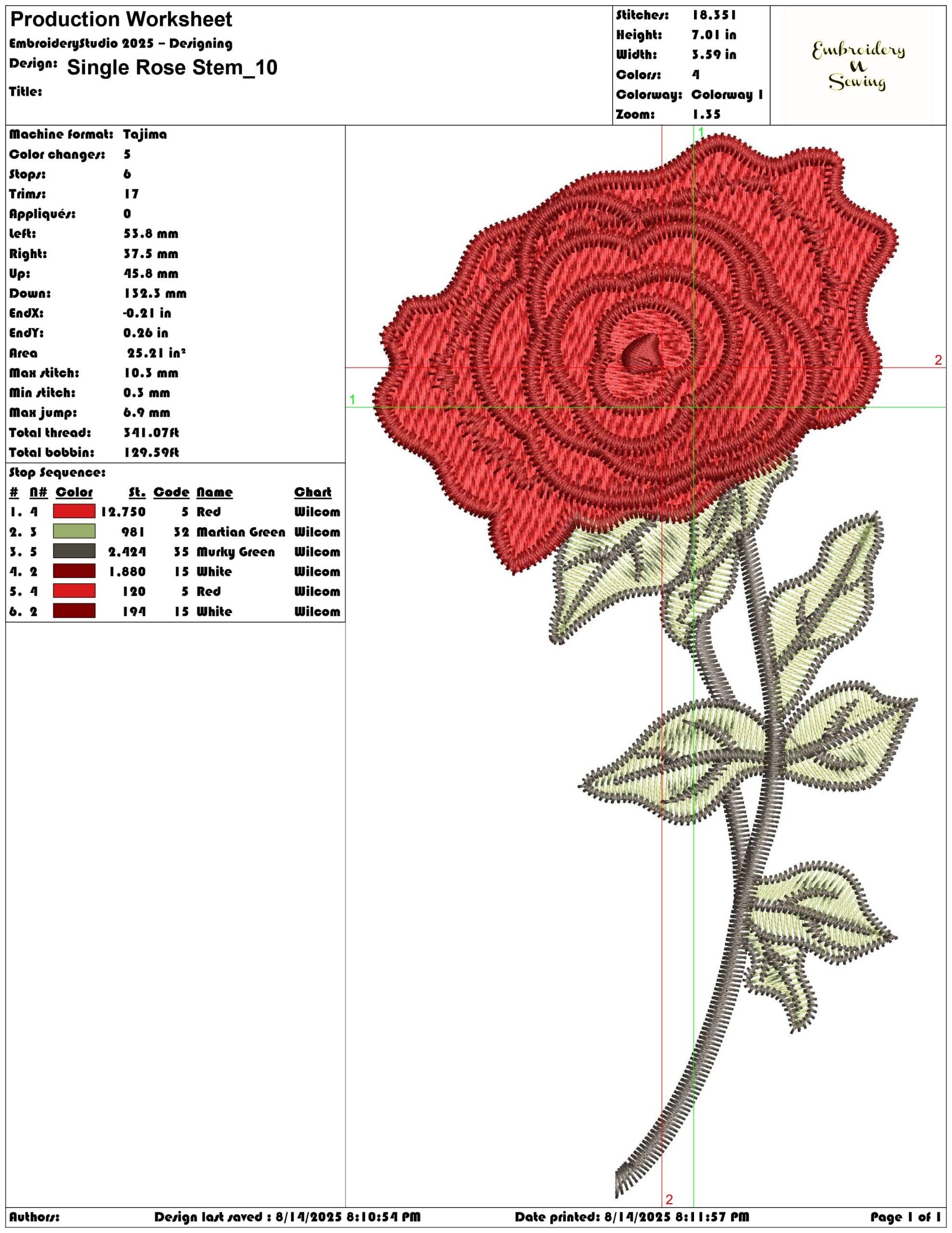 Single Rose Stem-Elegant embroidery design file - instant download — view 3