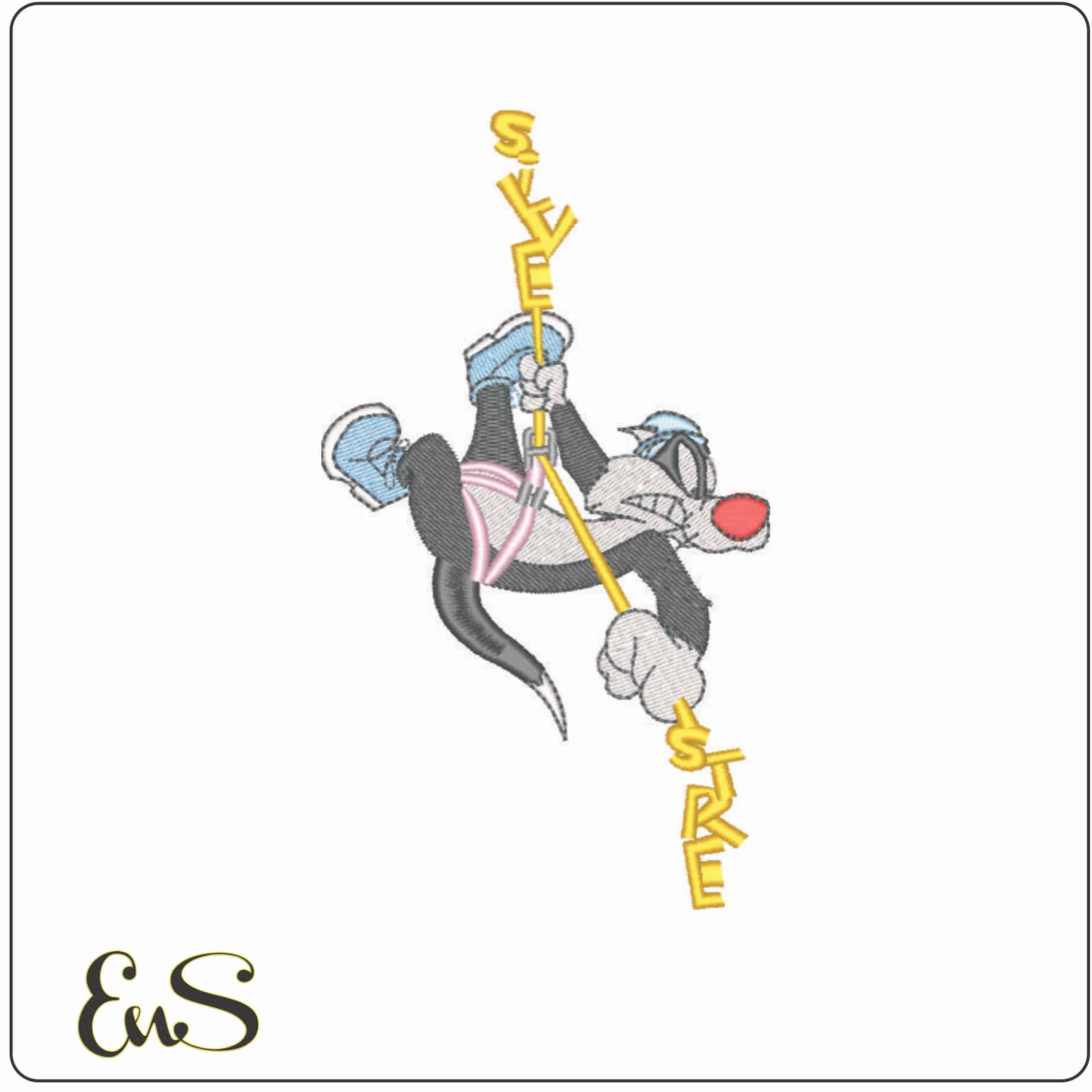Sylvester Pussy Cat on Rope-Elegant embroidery design file - instant download