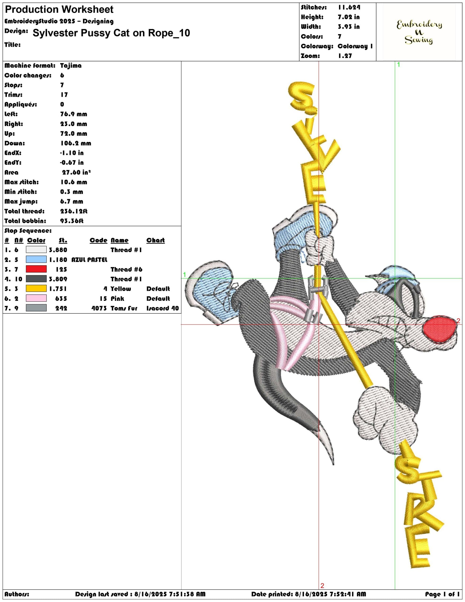 Sylvester Pussy Cat on Rope-Elegant embroidery design file - instant download — view 3