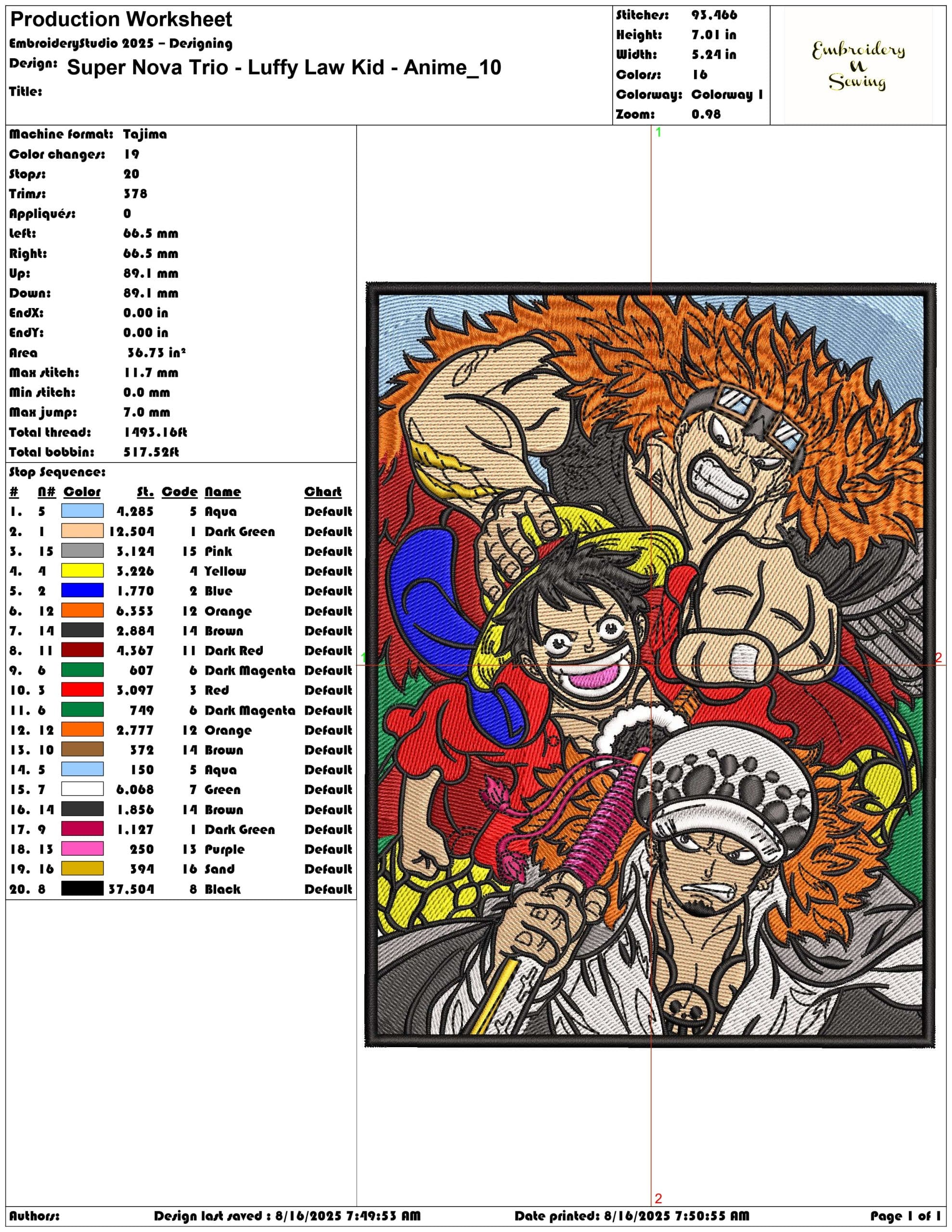 Super Nova Trio - Luffy Law Kid - Anime-Elegant embroidery design file - instant download — view 3