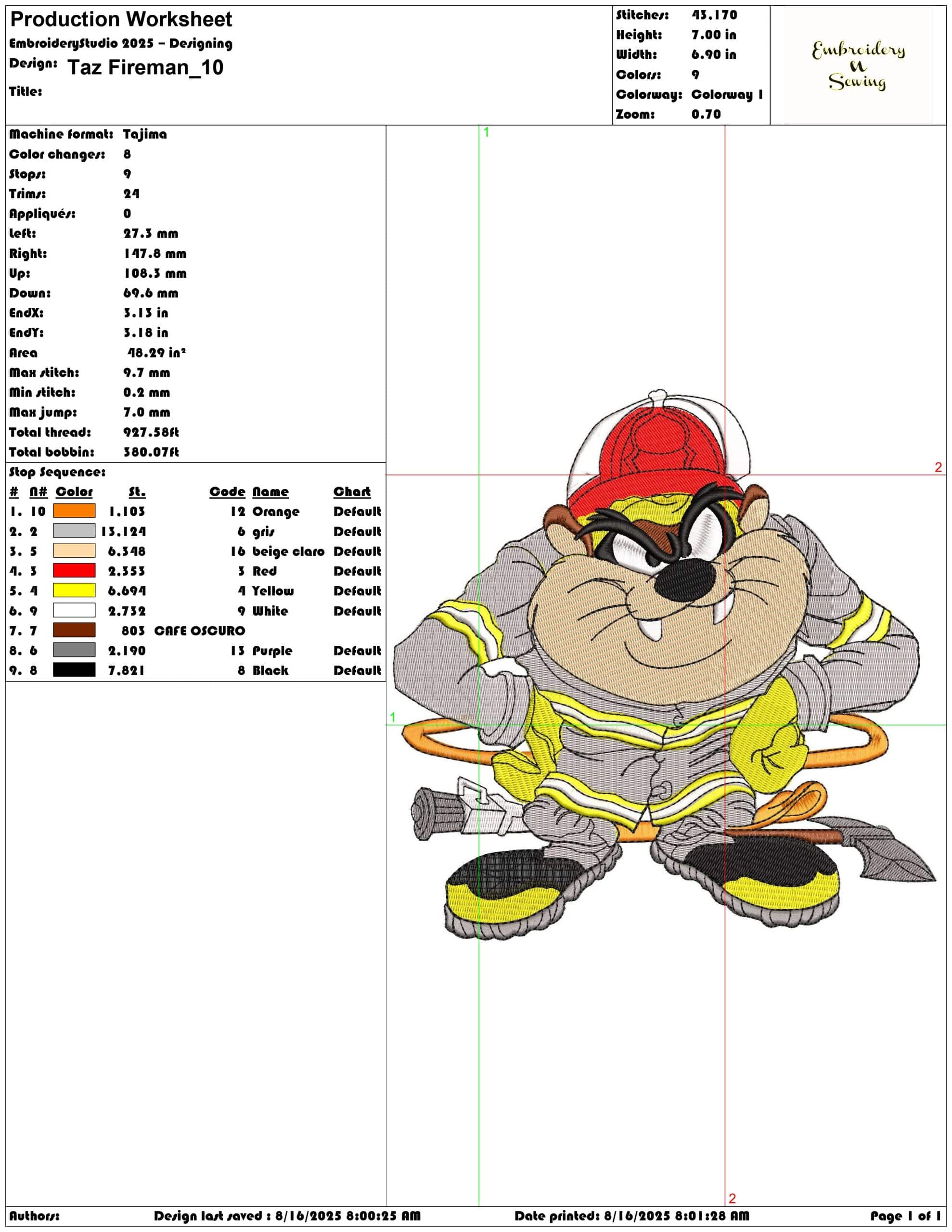 Taz Fireman-Elegant embroidery design file - instant download — view 3